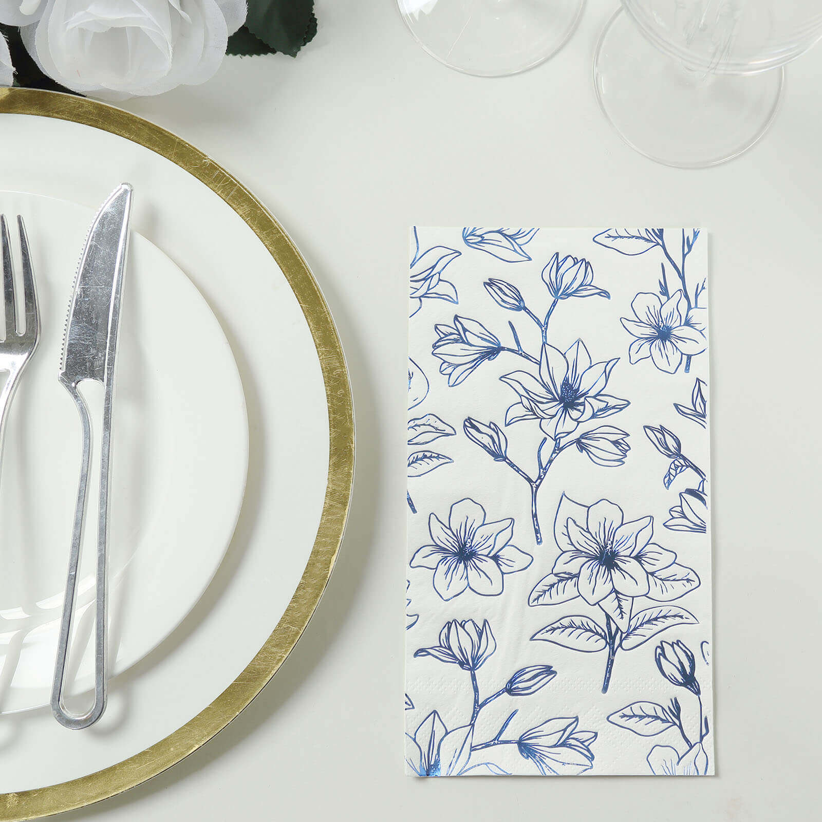 50-Pack Paper Dinner Napkins White with Blue Magnolia Flowers Print 2-Ply - Disposable Soft Napkins for Parties