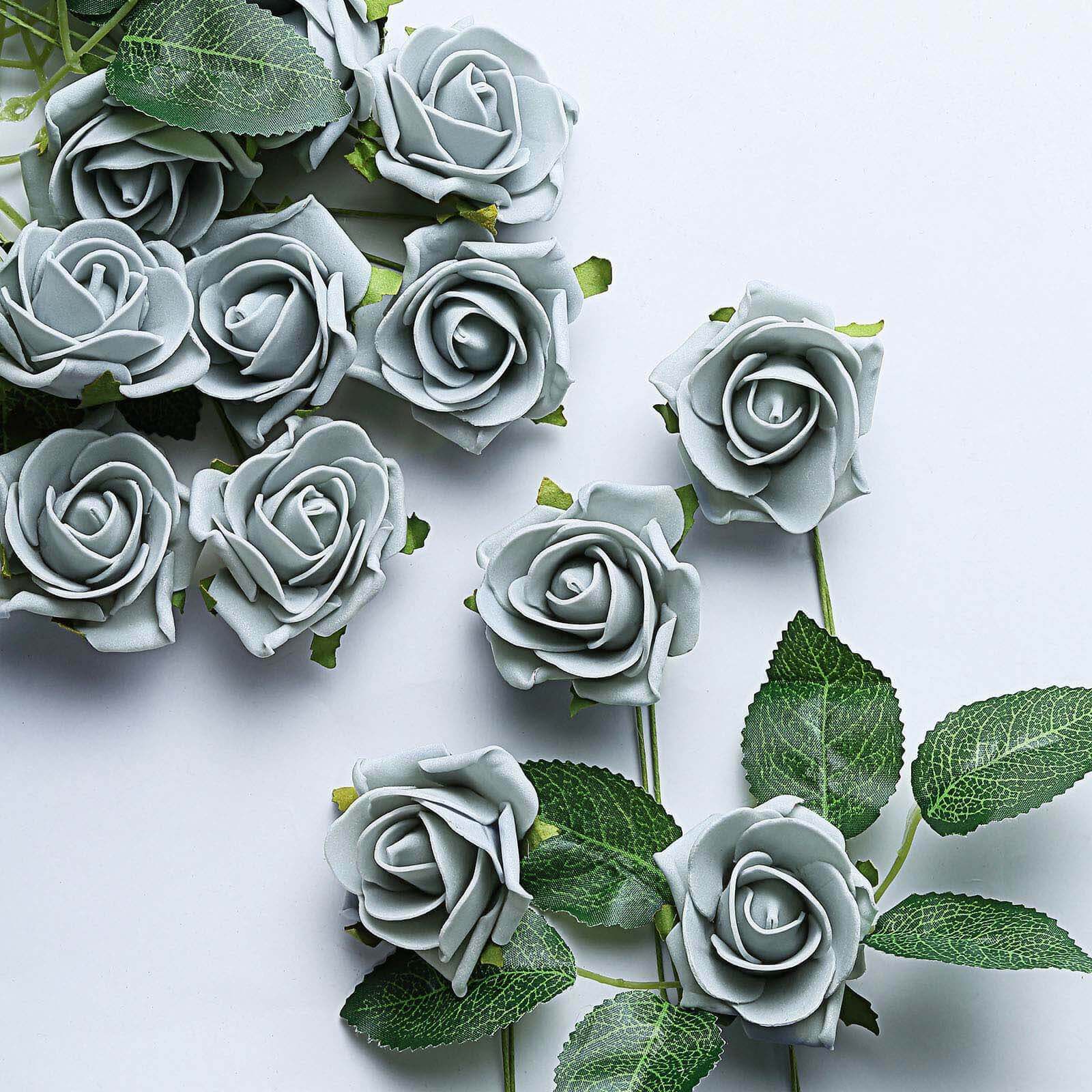 24 Roses 2 Silver Artificial Foam Flowers With Stem Wire and Leaves