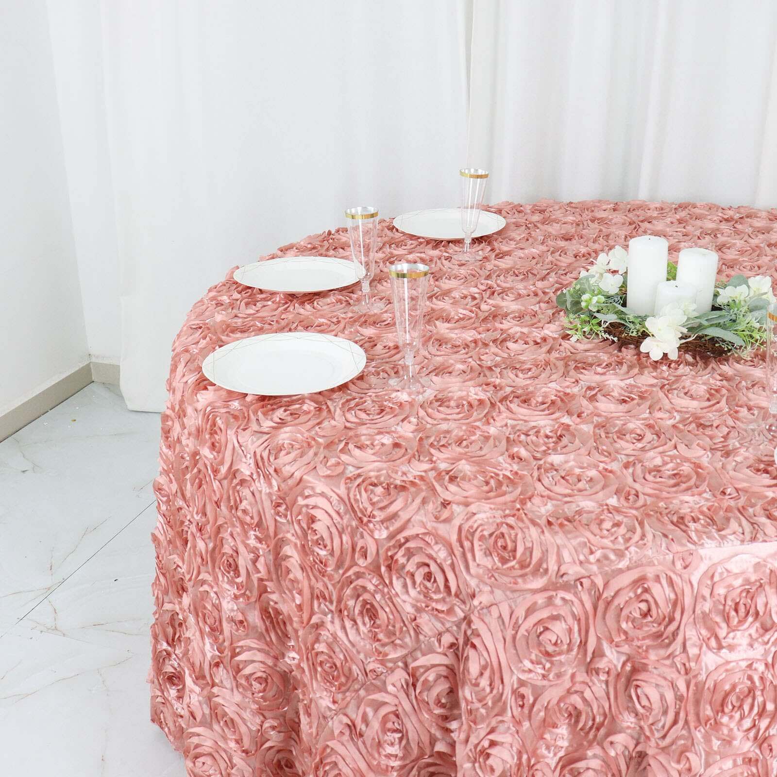 Satin 120 Round Tablecloth Dusty Rose - Grandiose 3D Rosette with Seamless Finish Table Cover