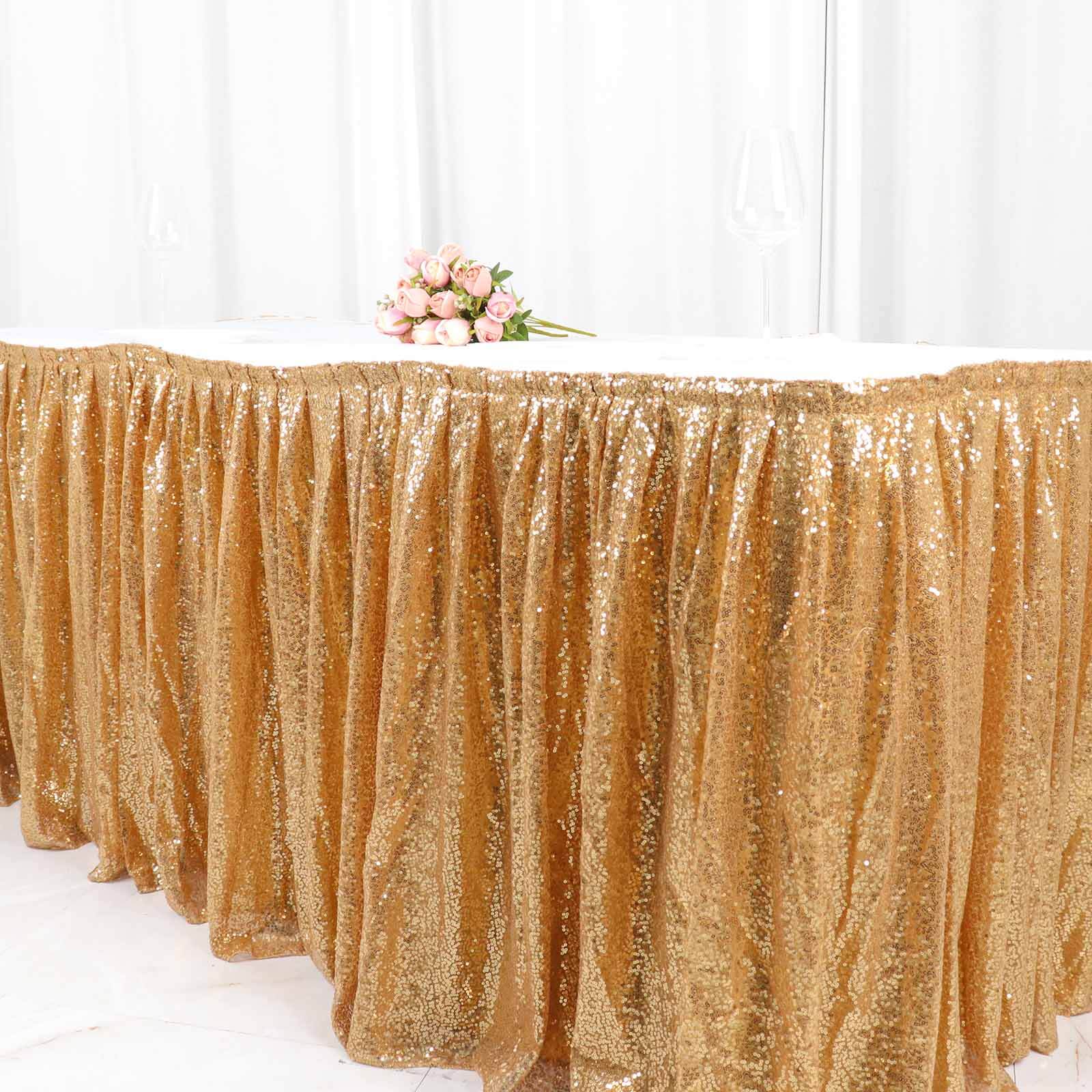 Sequin 17ft Table Skirt Gold - Pleated Satin With Top Velcro Strip - Glitzy Event Decoration