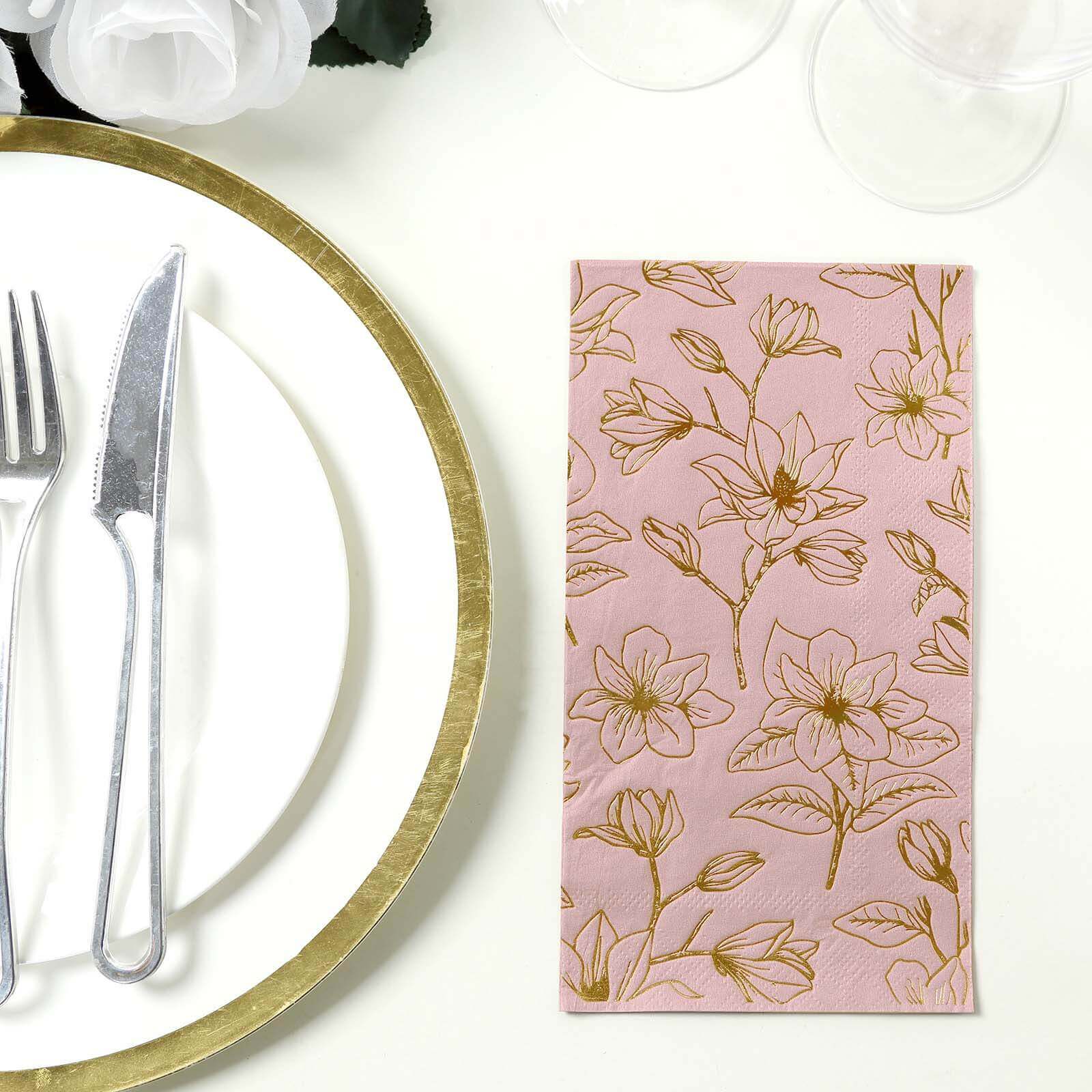 50-Pack Paper Dinner Napkins Dusty Rose with Gold Magnolia Flowers Print 2-Ply - Disposable Soft Napkins for Parties