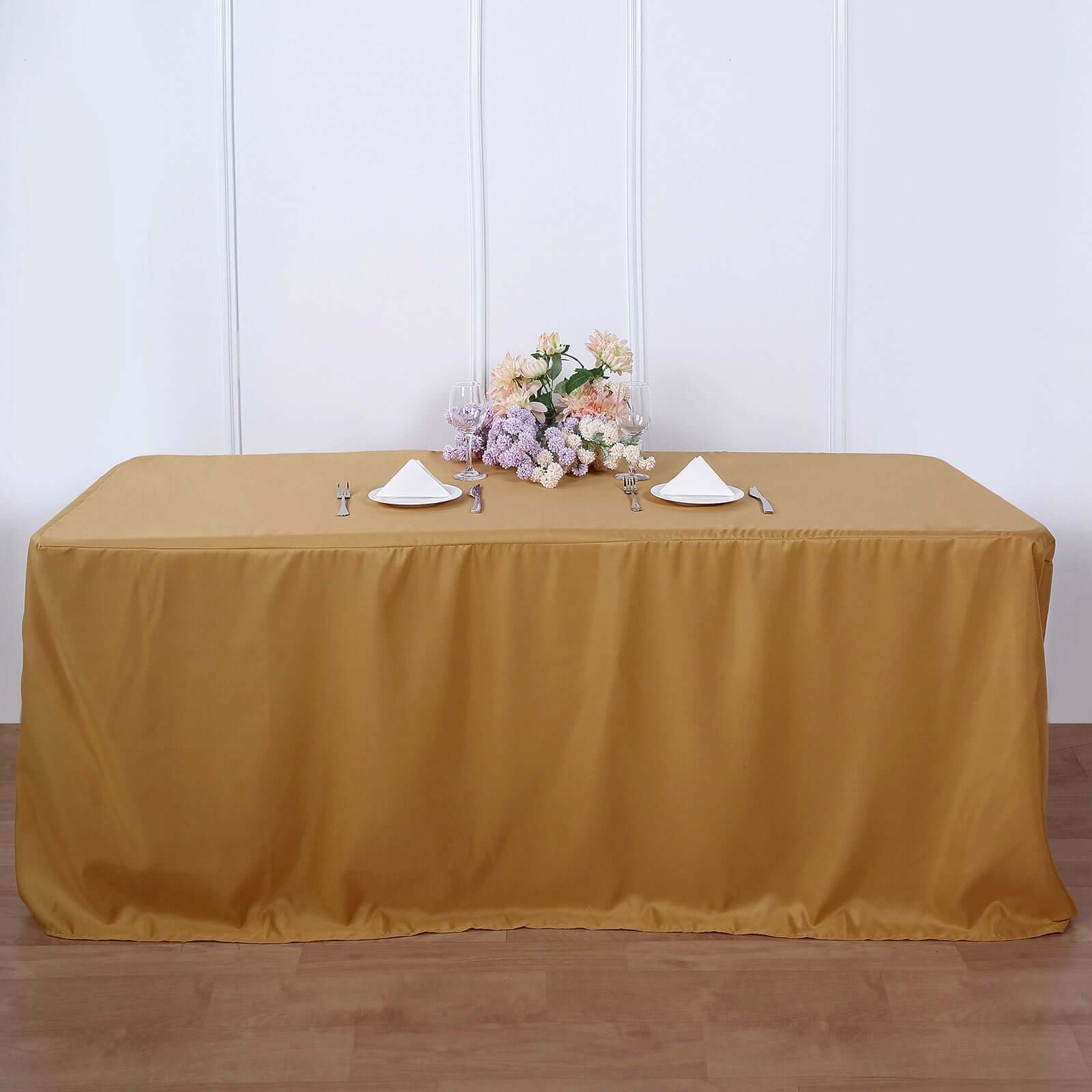 Fitted Polyester 72x30 Rectangle Tablecloth Gold - Sleek and Durable for Events