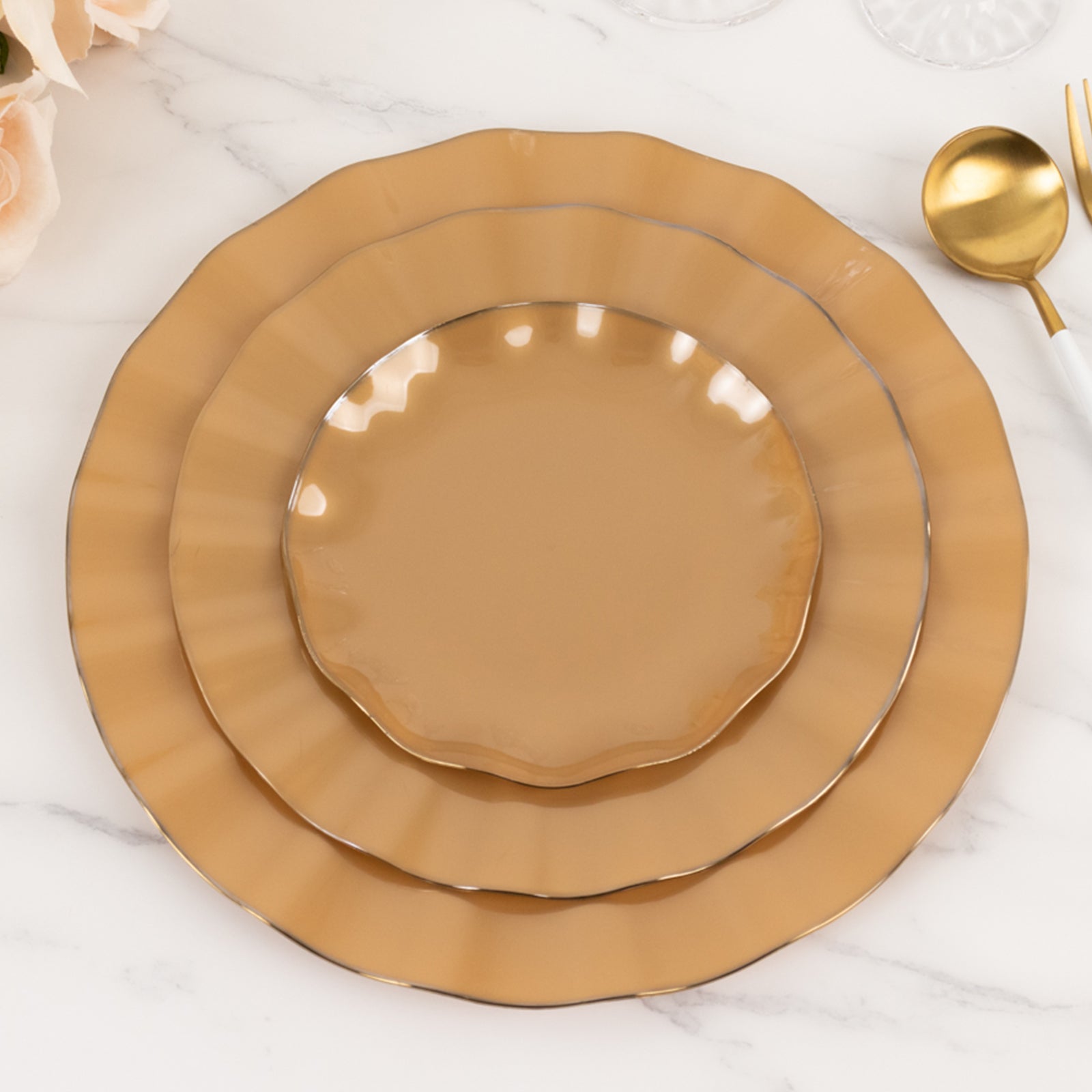 10-Pack Plastic 9 Round Dinner Plates in Gold with Ruffled Rim - Sturdy Disposable Dinnerware for Classy Events & Banquets