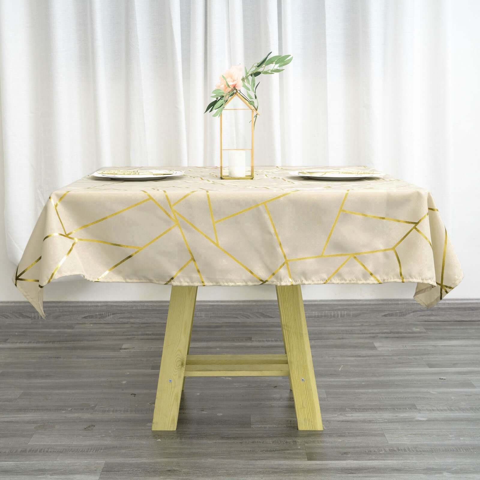 Polyester 54x54 Square Tablecloth Beige with Gold Foil Geometric Pattern - Wrinkle-Resistant & Durable Table Cover