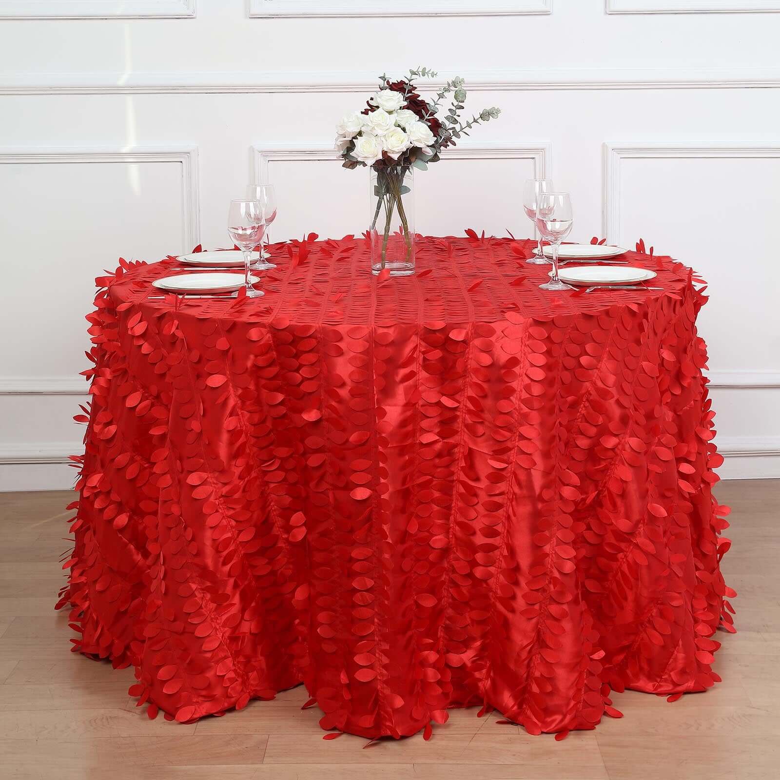 120 Red 3D Leaf Petal Taffeta Fabric Seamless Round Tablecloth for 5 Foot Table With Floor-Length Drop