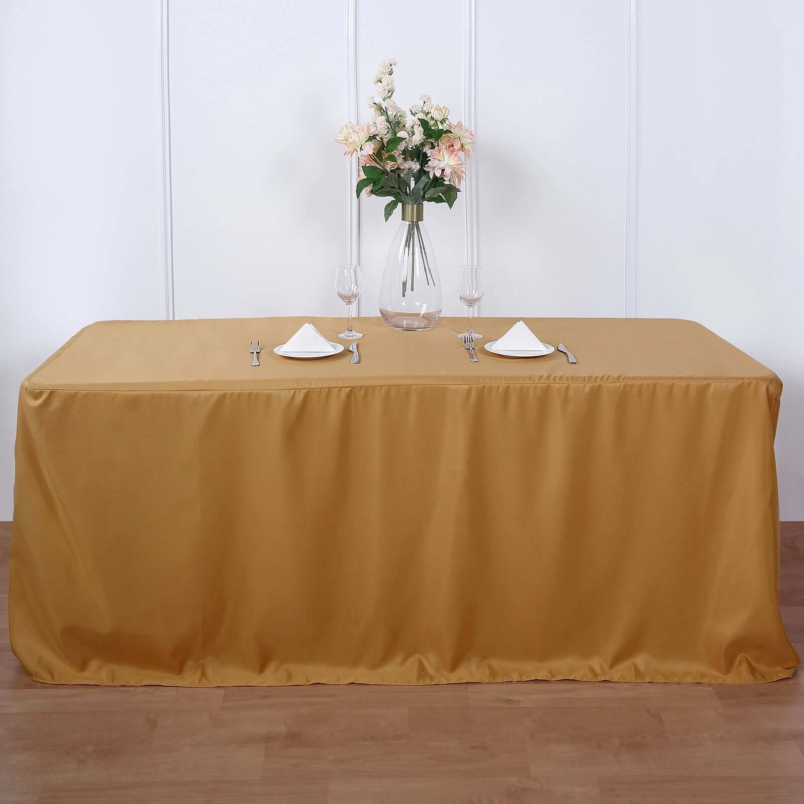 Fitted Polyester 96x30 Rectangle Tablecloth Gold - Durable and Easy to Maintain Table Cover for Events for Trade Shows, Catering & Events