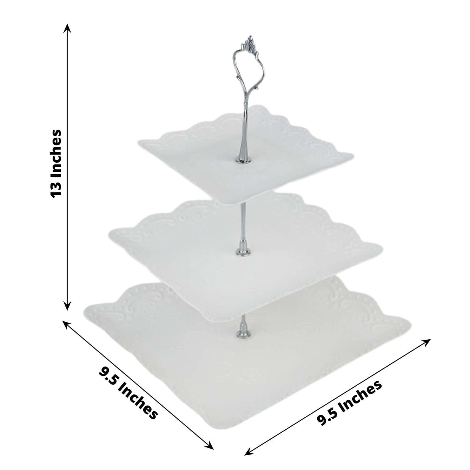 3-Tier Plastic Square Cupcake Stand Tower White - Charming Easy to Assemble Dessert Display Serving Tray Platter with Floral Embossed Scalloped Rim & Silver Handle for Tea Parties Weddings & Special O