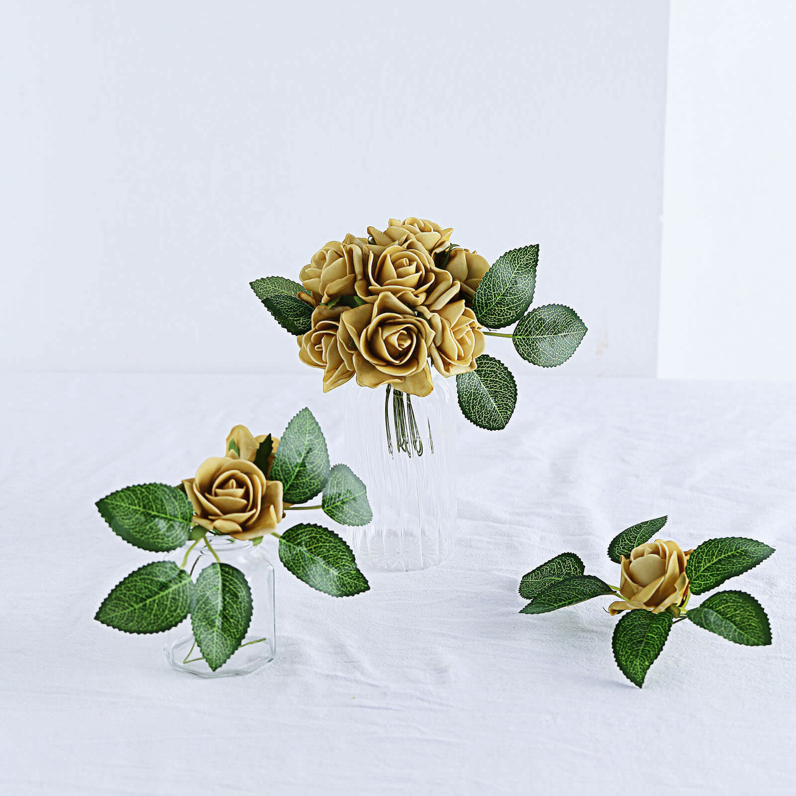 24 Roses 2 Gold Artificial Foam Flowers With Stem Wire and Leaves