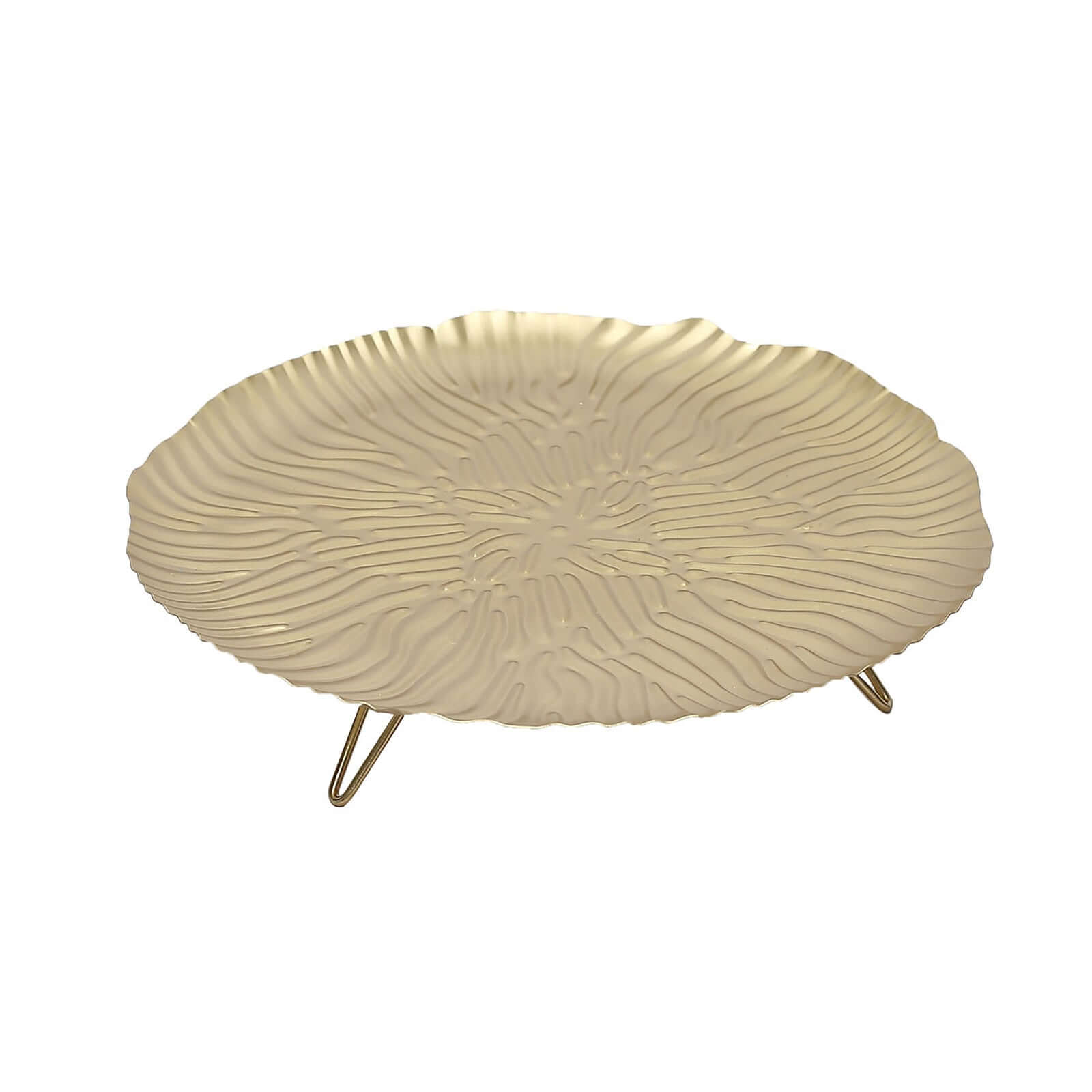 Metal Round Serving Tray 12 in Gold Floral Pattern with Wavy Rim, Pedestal Dessert Display with Hairpin Legs