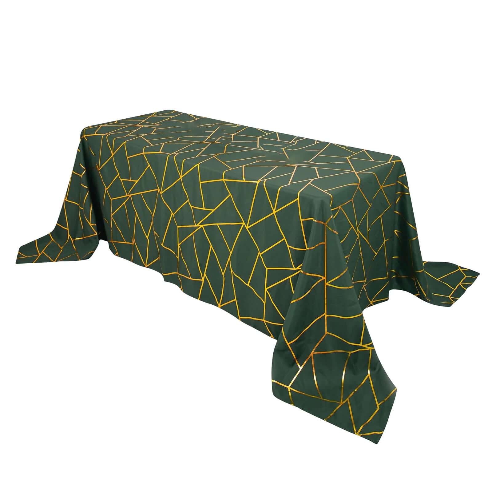 Polyester 90x132 Rectangle Tablecloth Hunter Emerald Green with Gold Foil Geometric Pattern - Wrinkle-Resistant Seamless Table Cover