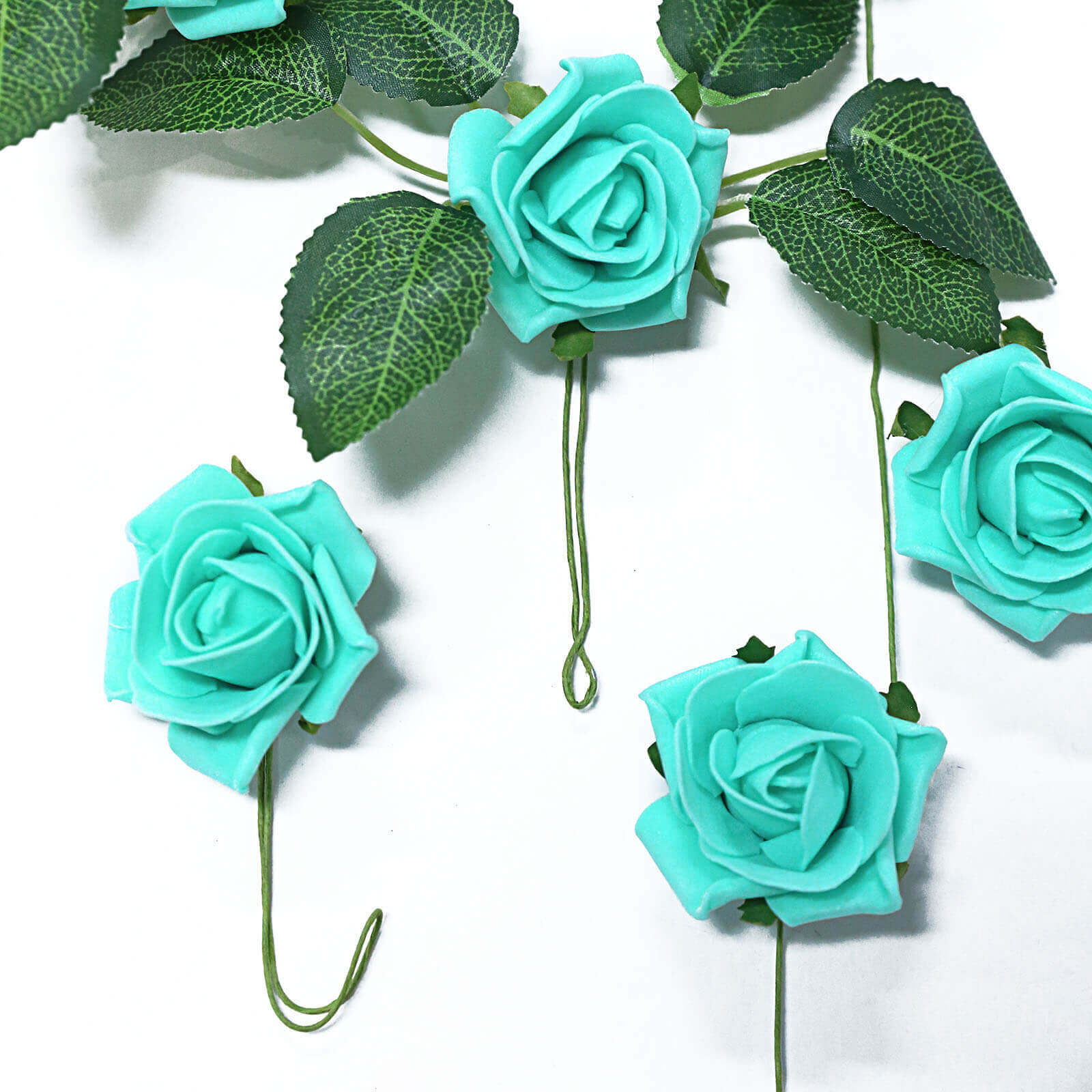 24 Roses 2 Turquoise Artificial Foam Flowers With Stem Wire and Leaves