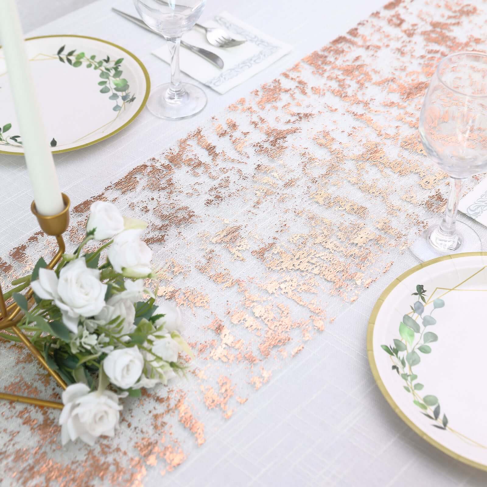 Mesh Polyester 108 Table Runner Roll Metallic Rose Gold - Distressed Foil Look Disposable Table Decor