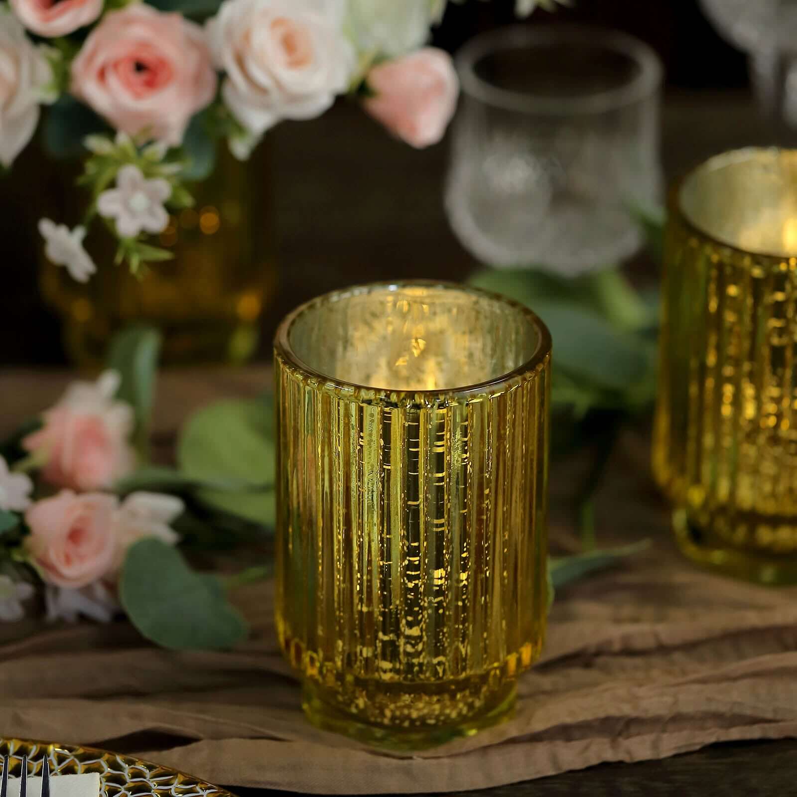 3-Pack Mercury Glass Hurricane Candle Holders Gold Wavy Column Design - Votive Pillar Vase 5