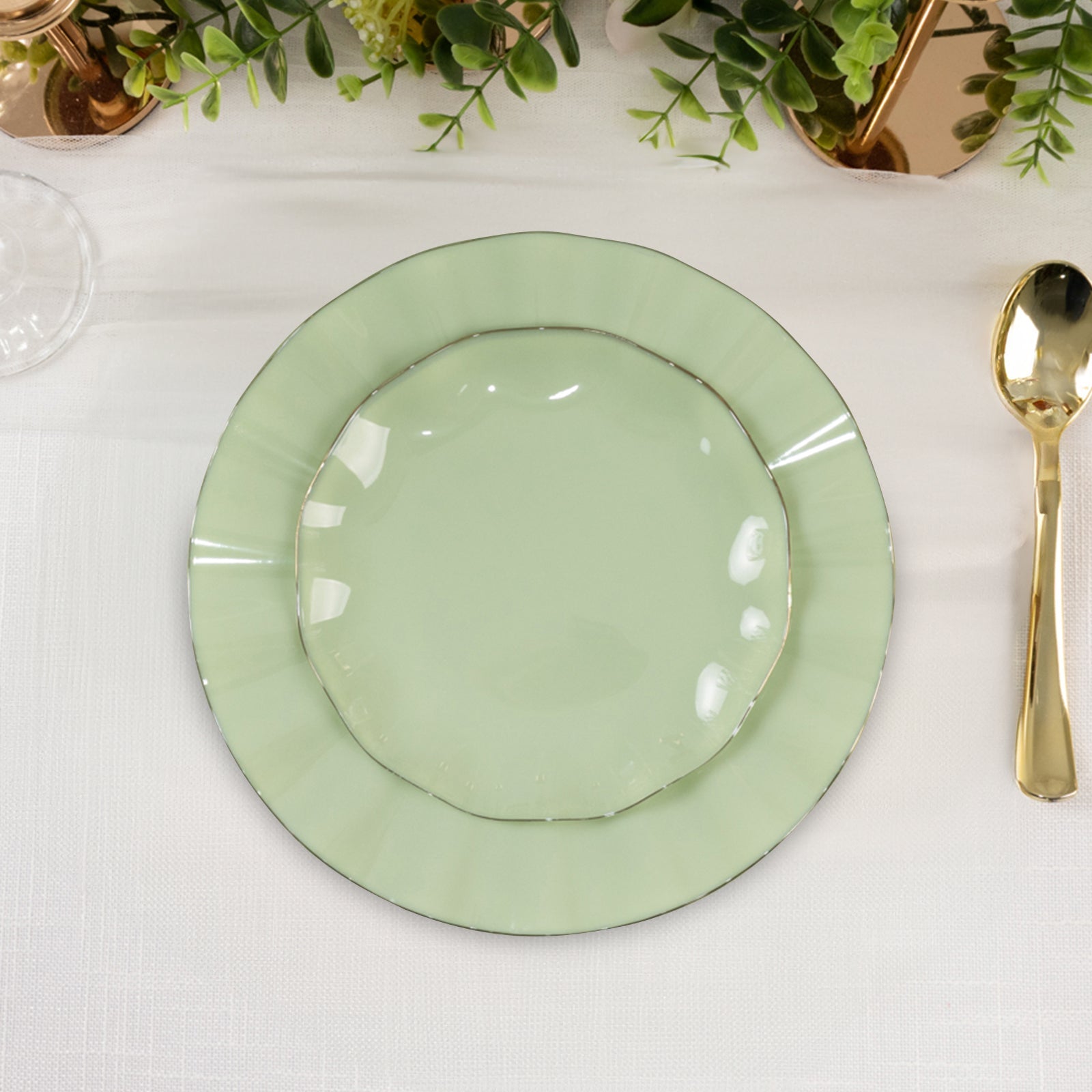 10-Pack Plastic Round 6 Dessert Plates in Sage Green Ruffled Rim with Gold Edging - Sturdy Disposable Salad Appetizer Dinnerware