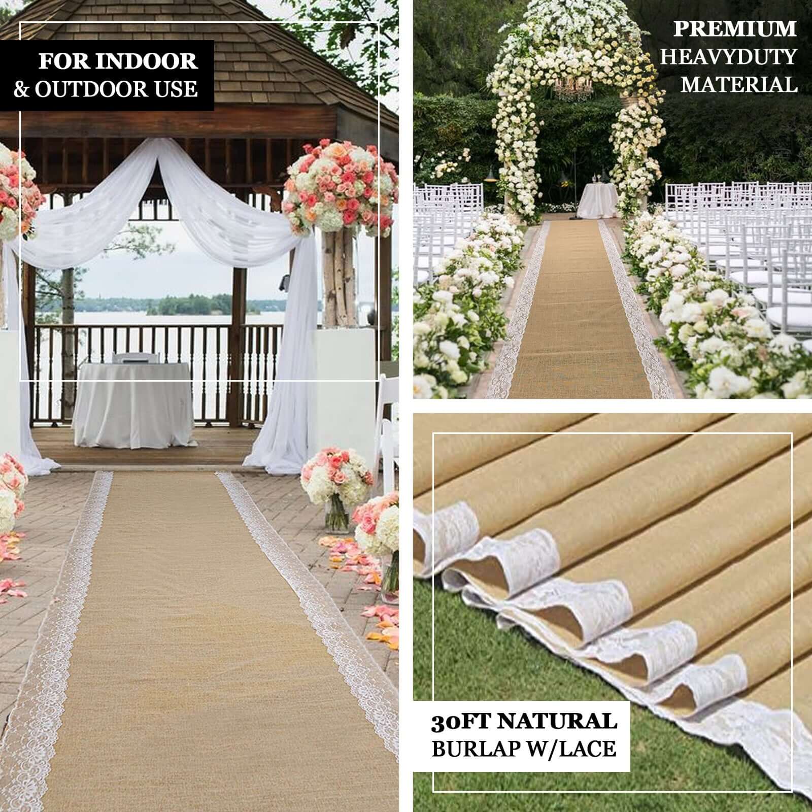 30ft Natural Jute Burlap Aisle Runner with White Floral Lace Borders