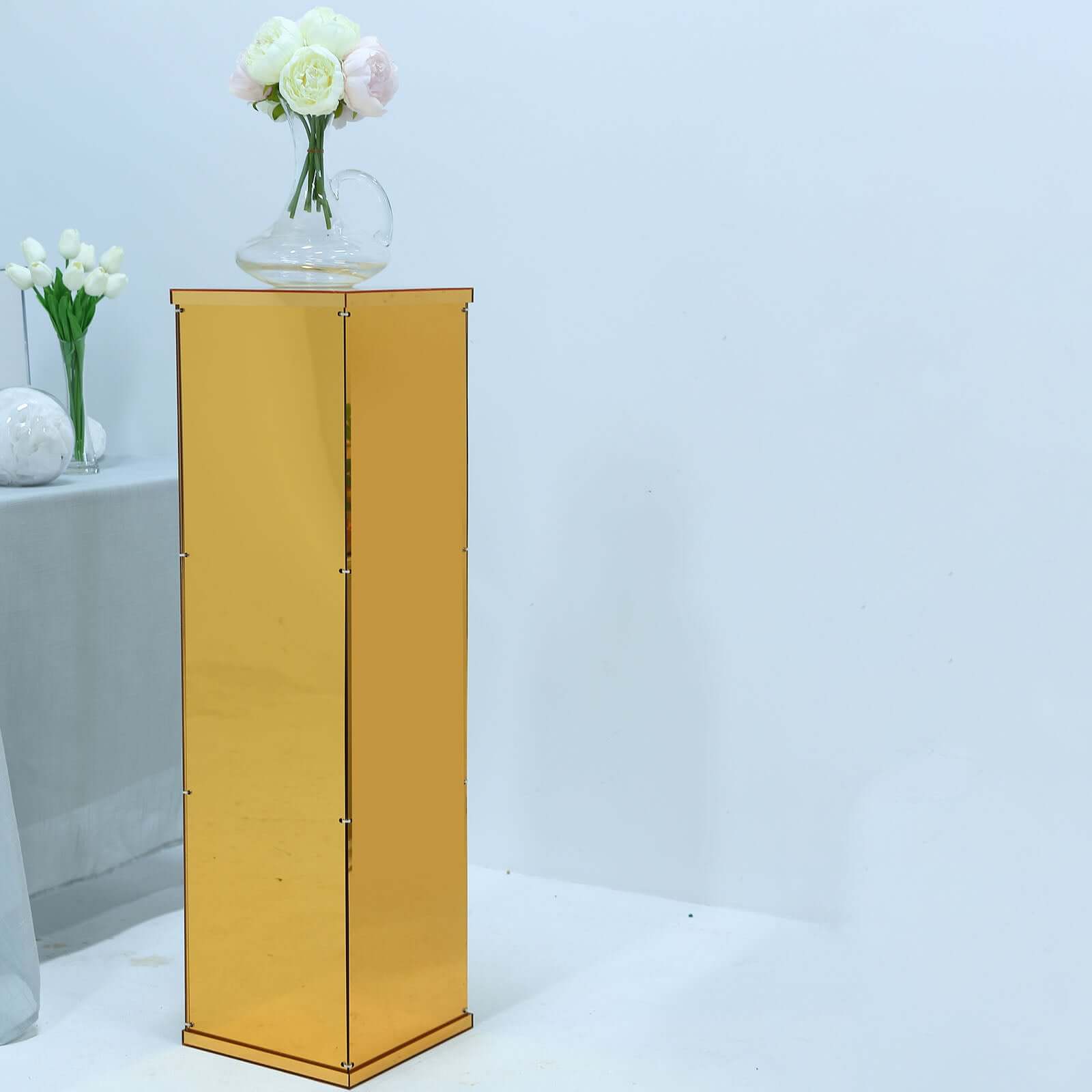 40 Floor Standing Gold Mirror Finish Acrylic Display Box, Pedestal Riser with Interchangeable Lid and Base