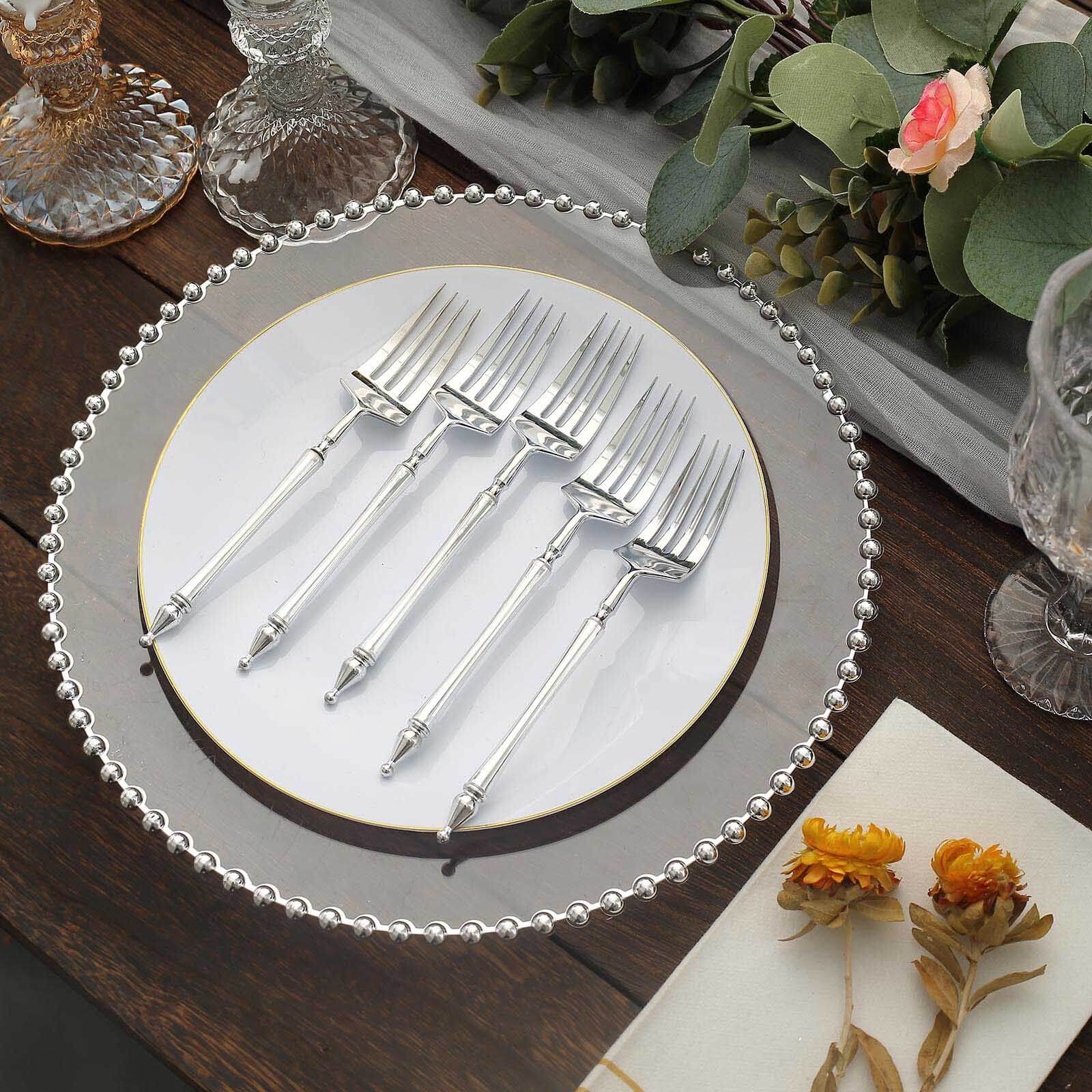 24-Pack Plastic Dessert Forks with Roman Column Handle Silver - European Style Disposable Utensils 6