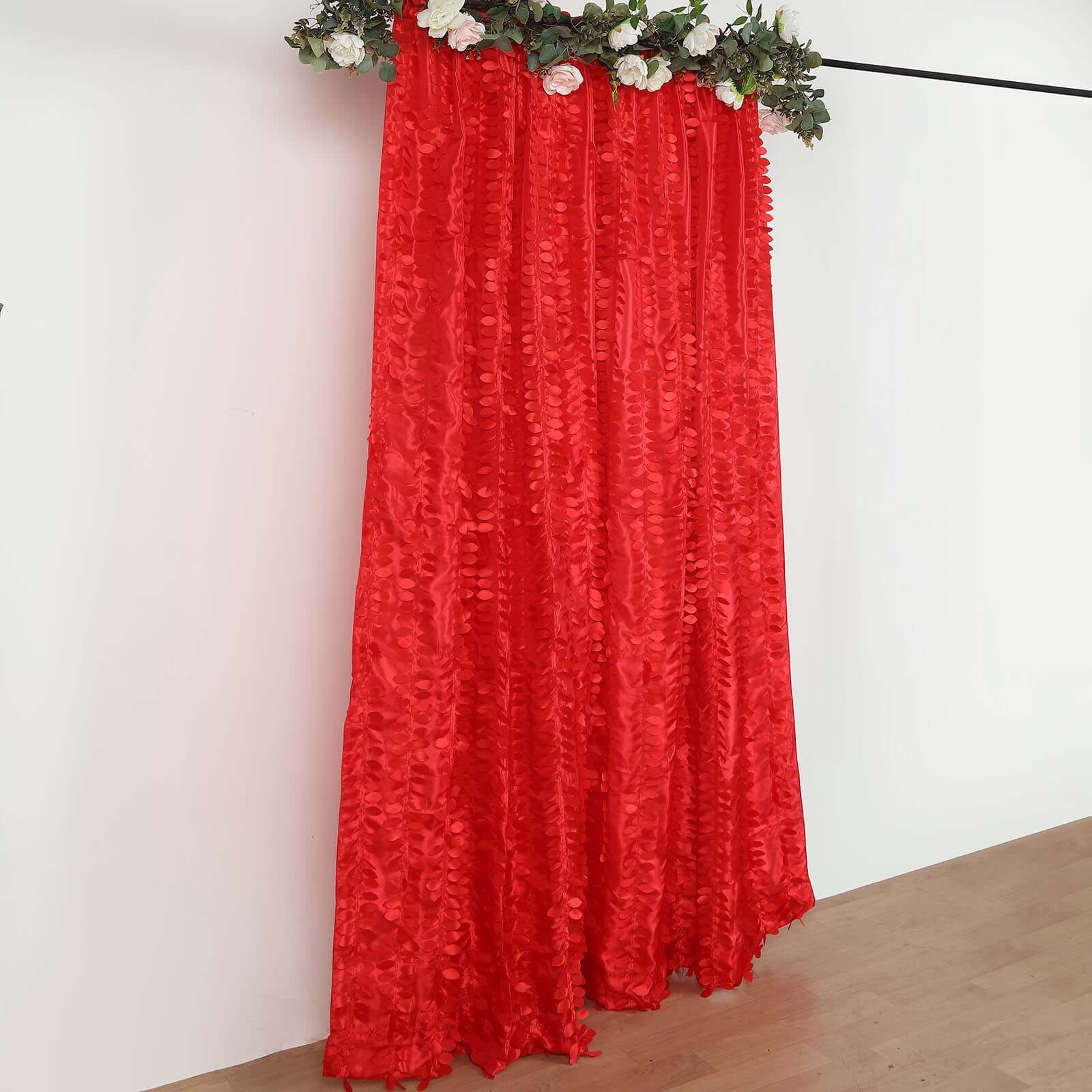 8ftx8ft Red 3D Leaf Petal Taffeta Event Curtain Drapes, Backdrop Event Panel With Rod Pocket