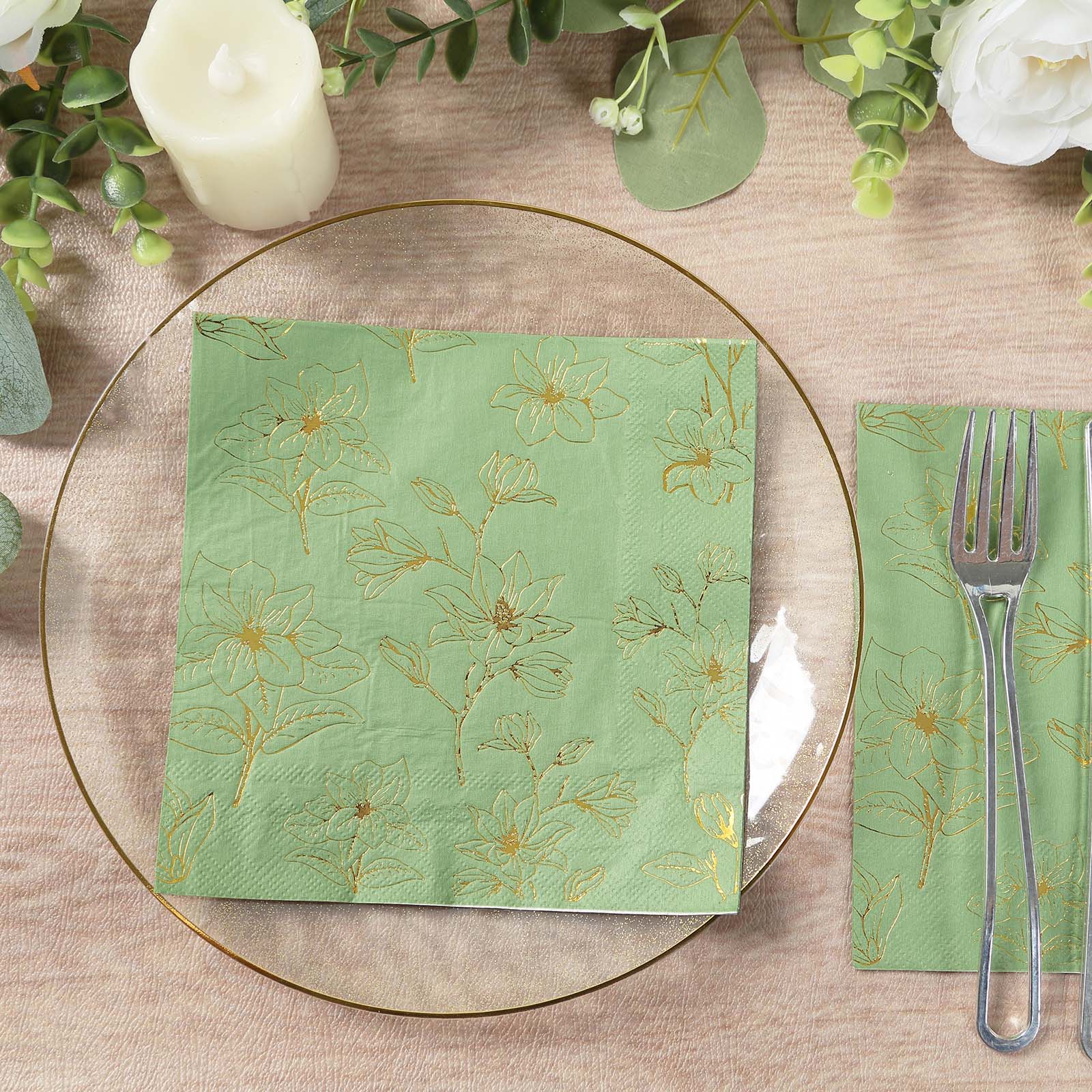 50-Pack Paper Cocktail Napkins with Gold Magnolia Flowers Print Sage Green - Highly 2 Ply Absorbent Soft Napkins for Beverages