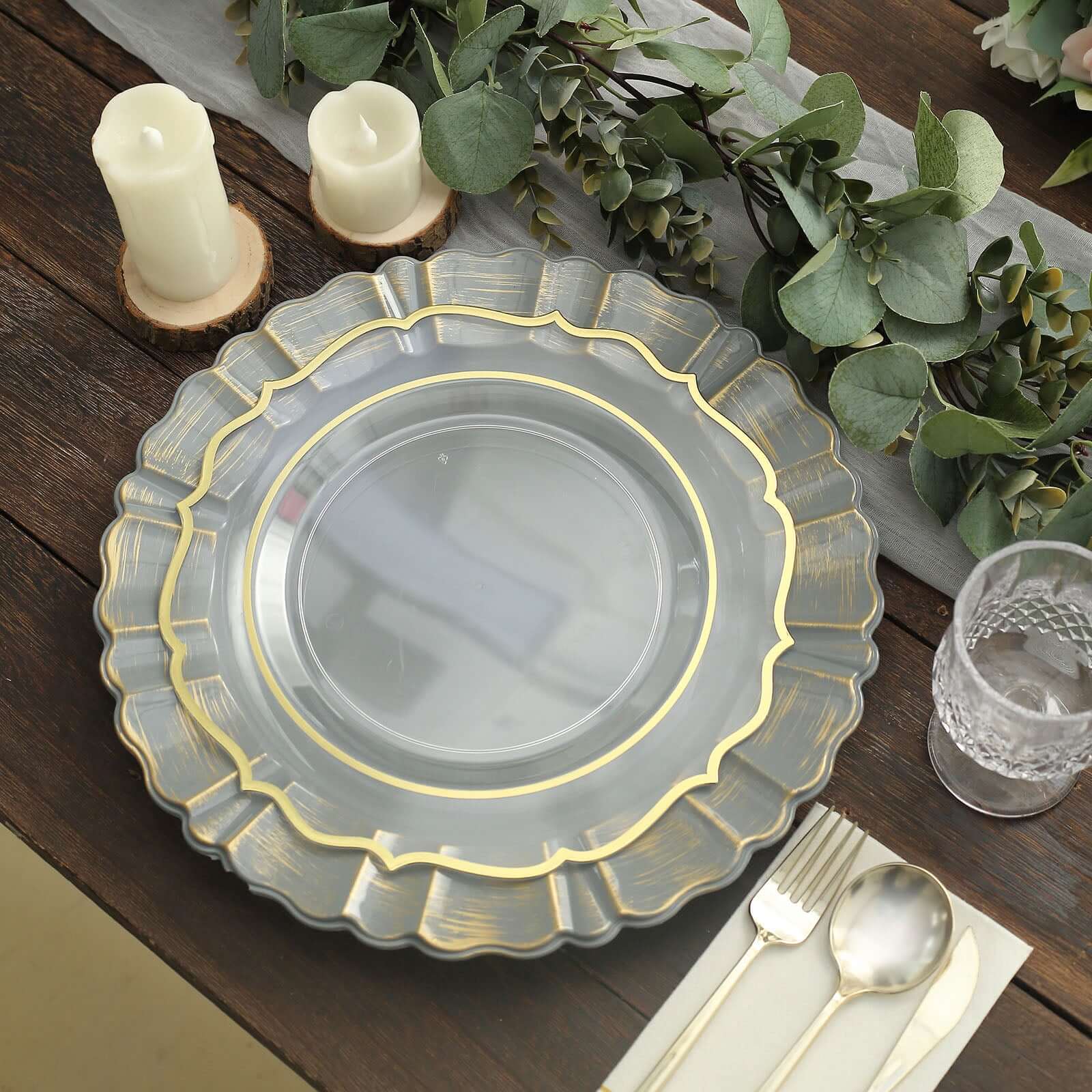 6-Pack Acrylic Plastic Round Charger Plates 13 in Charcoal Gray with Gold Brushed Wavy Scalloped Rim, Decorative Dinner Party Charger Tableware