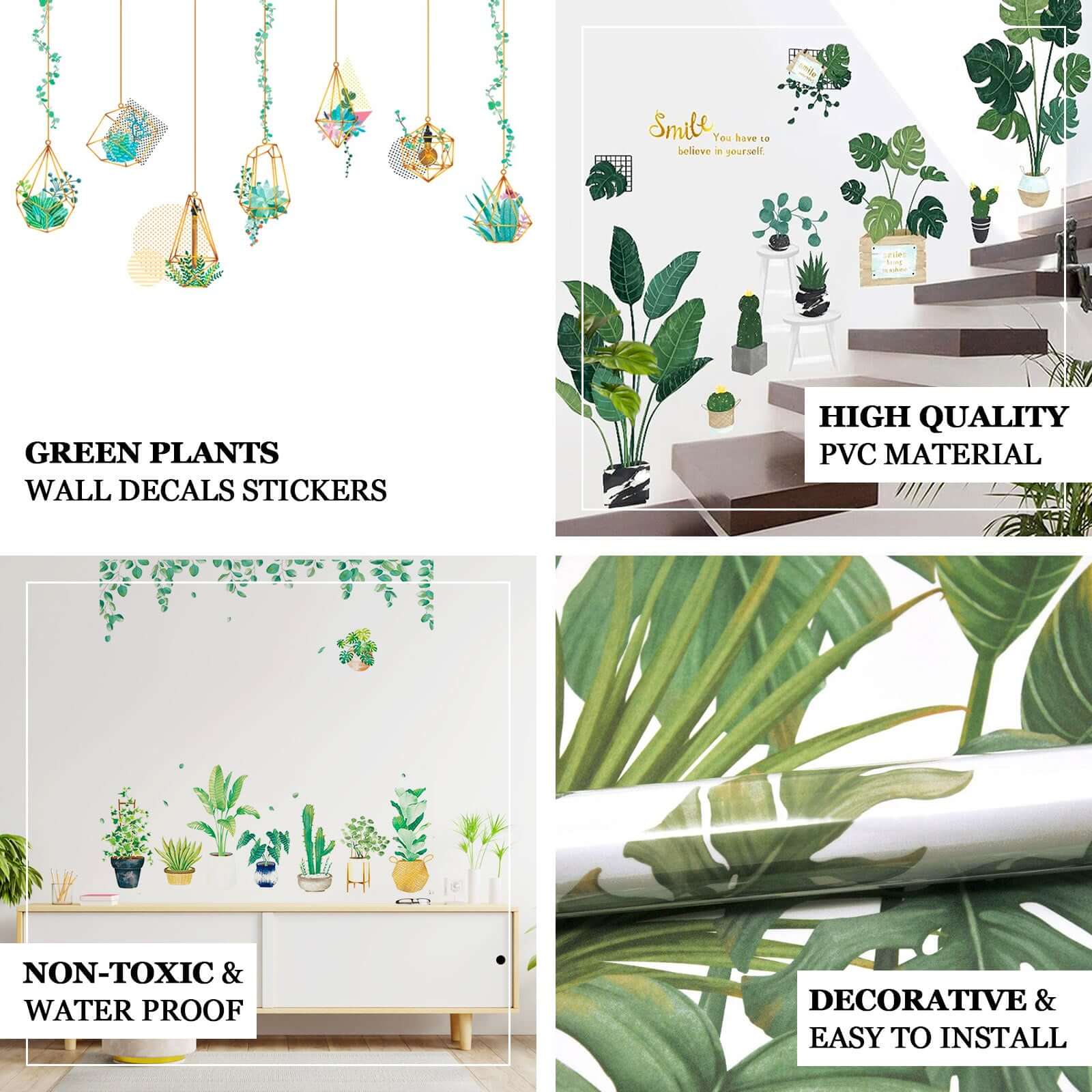 Green Tropical Potted Plants Planters Wall Decals, Peel and Stick Decor Stickers