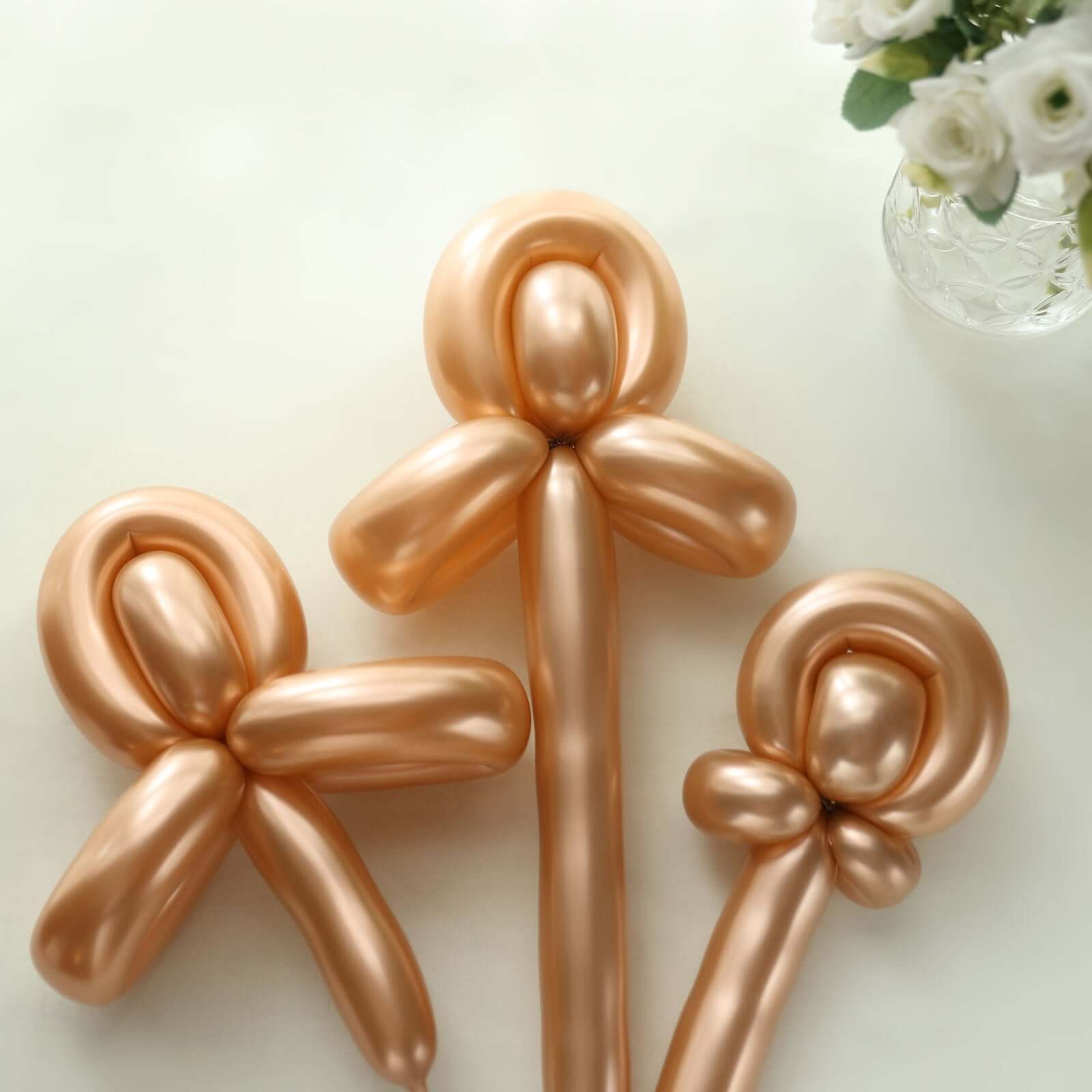 50 Pack Assorted Metallic Rose Gold Long Latex Balloons For Twisting Magic, Animal Modelling Party Balloons