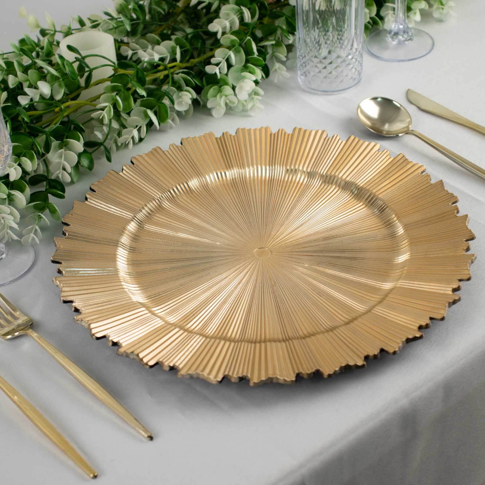 6-Pack Acrylic Plastic Round Charger Plates 13 in Metallic Gold with Sunray Scalloped Rim, Decorative Dinner Party Charger Tableware