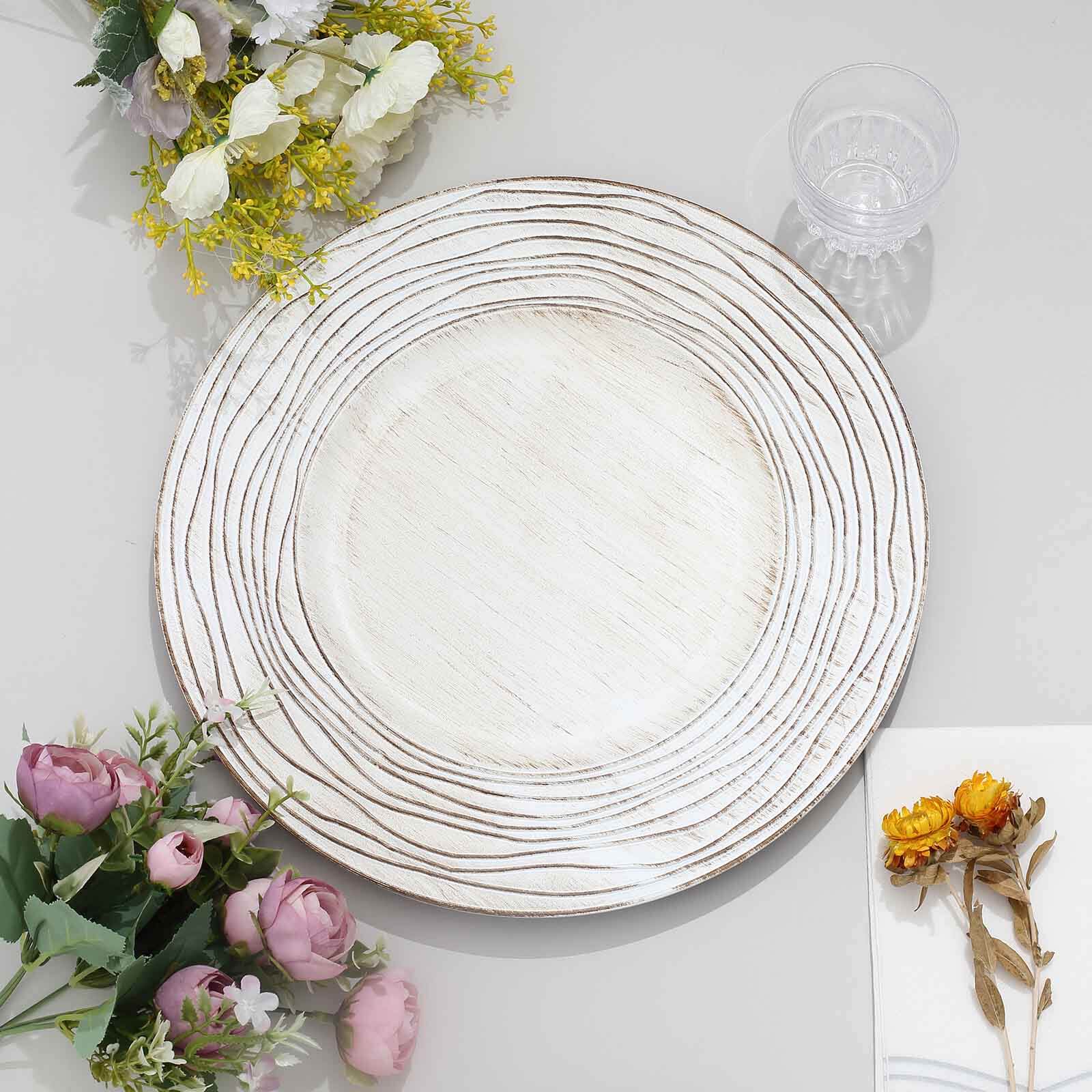 6-Pack Faux Wood Round Charger Plates 13 White Washed with Rose Embossed Rim, Disposable Plastic Charger Tableware