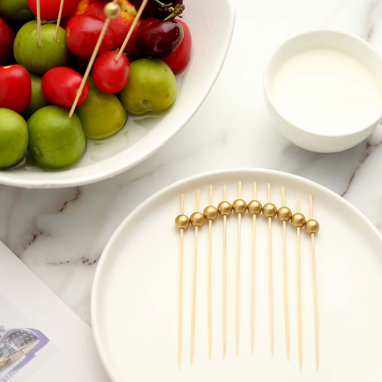 100-Pack Bamboo Cocktail Picks Gold Pearl Decorative Top Design - Eco Friendly Stir Sticks 4.5