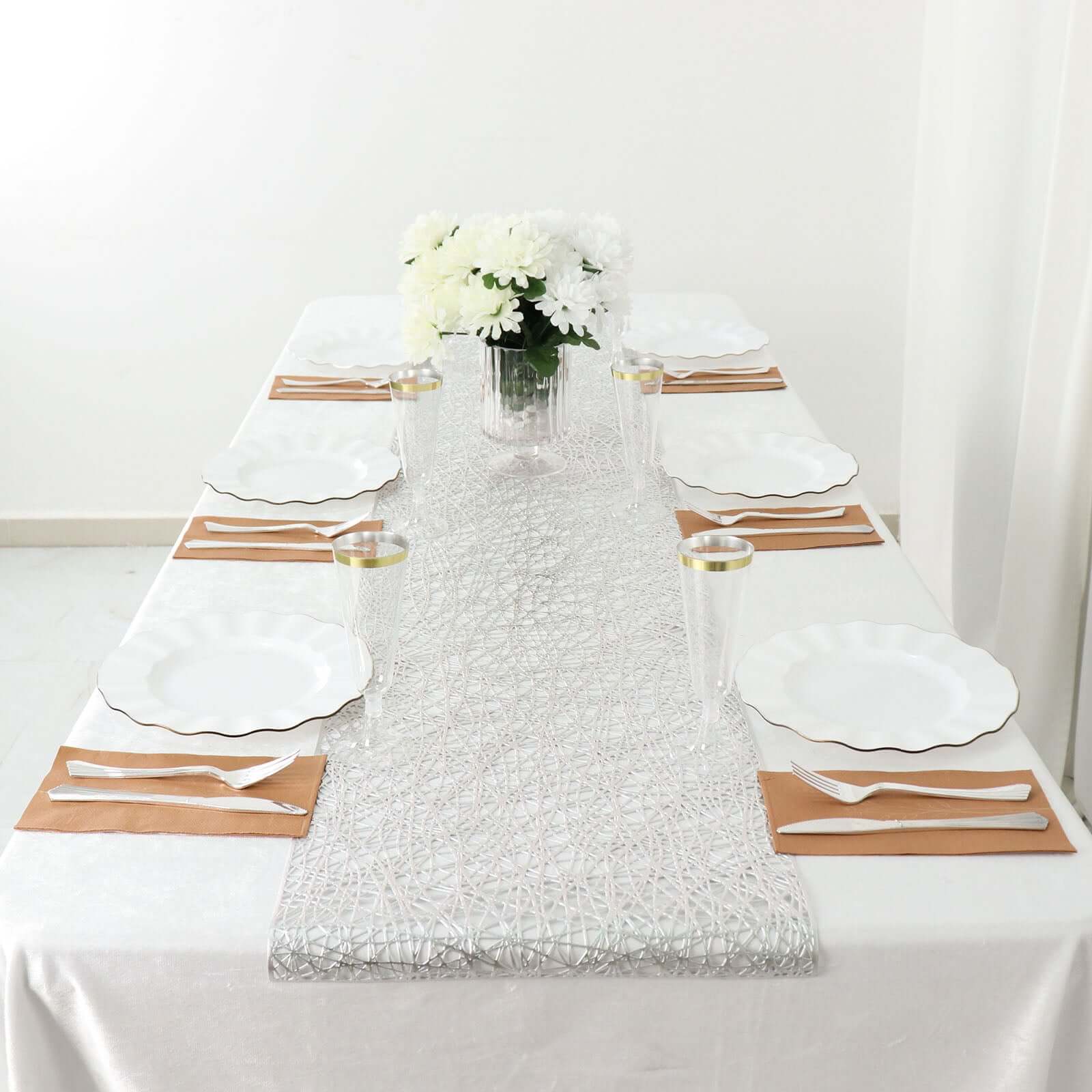 Plastic Woven Vinyl 13x6ft Table Runner Metallic Silver - Non-Slip & Reversible Tabletop Decor