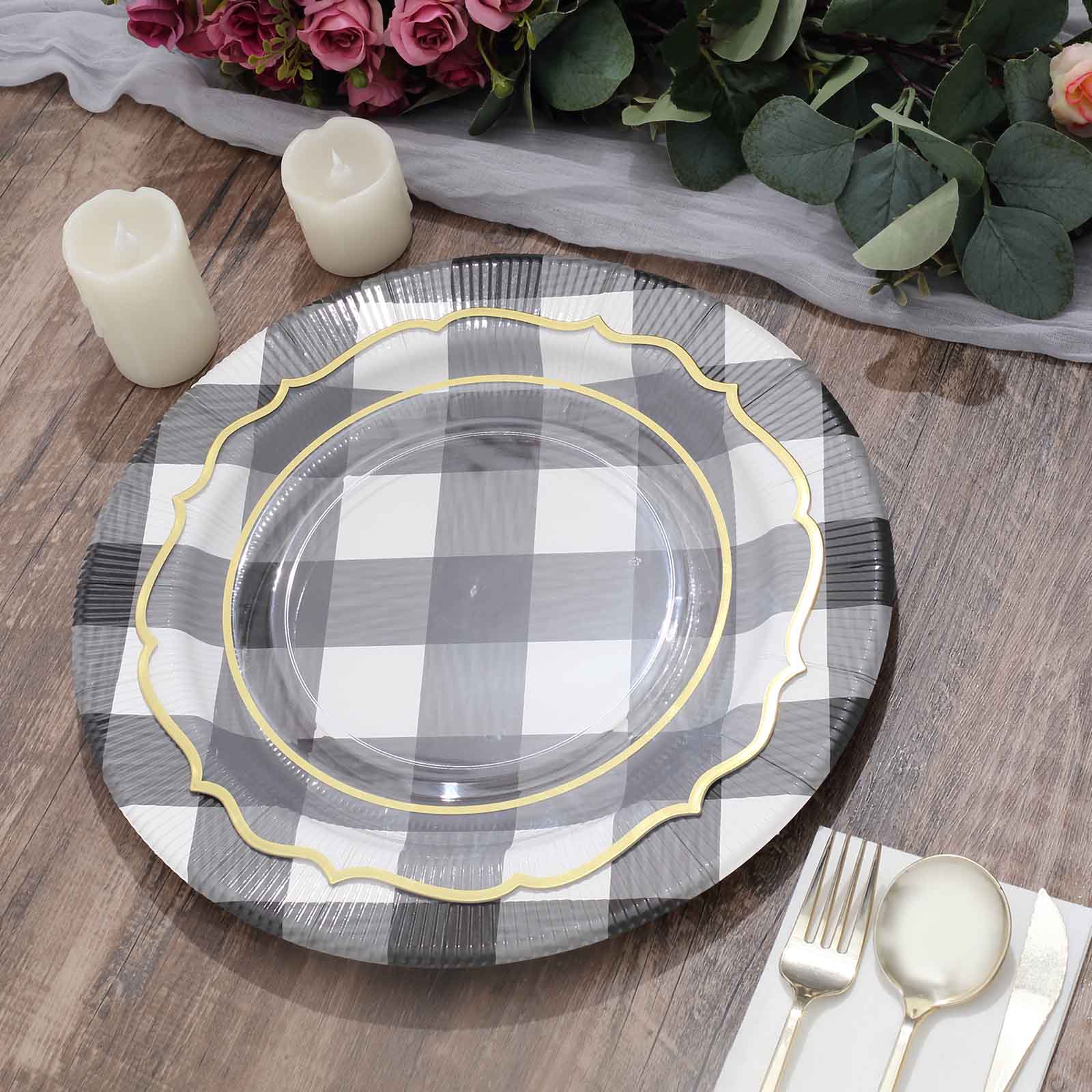 10-Pack Disposable Table Placemats in Black/White with Buffalo Plaid Design - Checkered 50GSM Cardboard Placemats 13