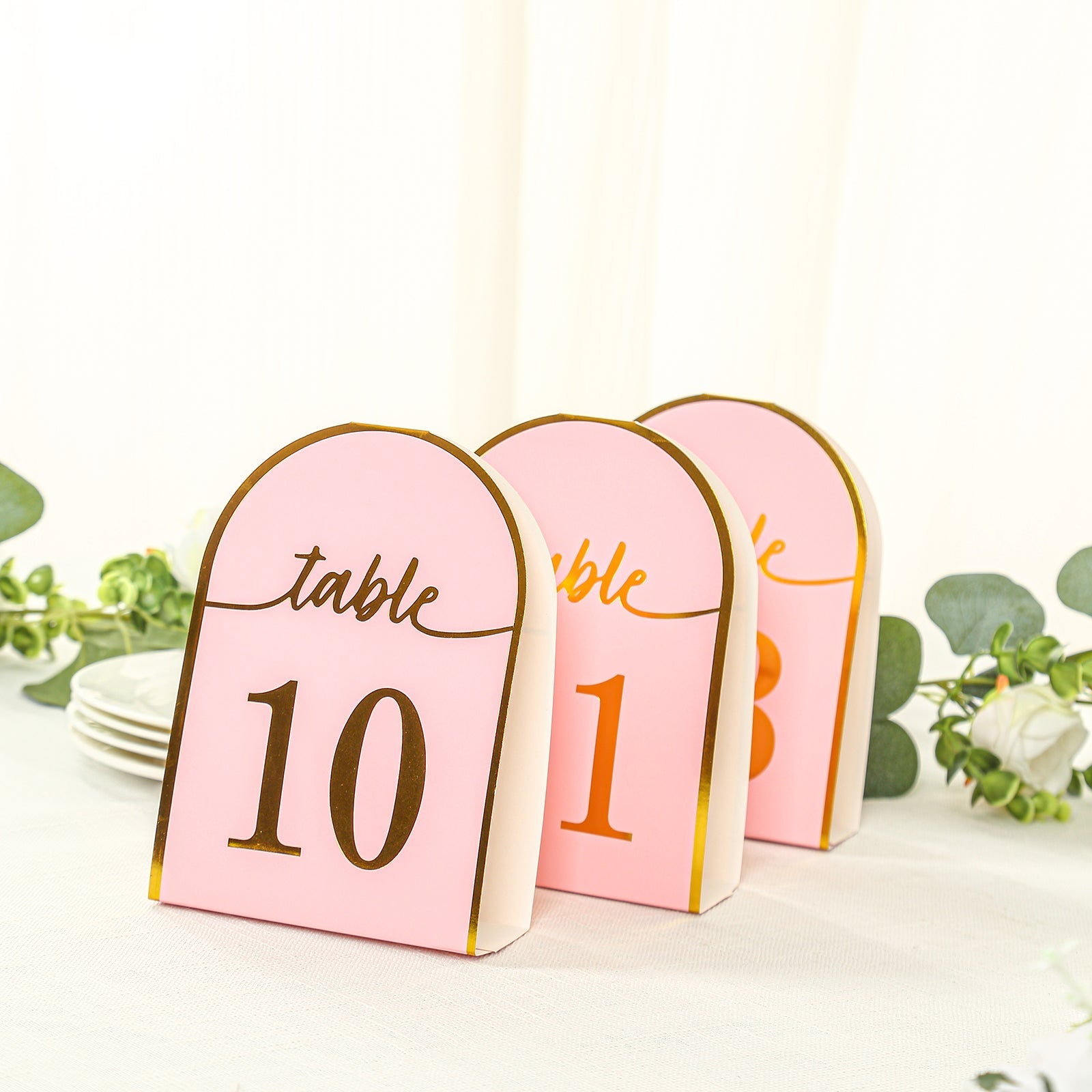 25-Pack Paper Wedding Table Numbers 1-25 Blush Arch Cutout Design - Sleek & Modern Free Standing Double Sided Table Tent Cards with Metallic Gold Foil Numbers 7