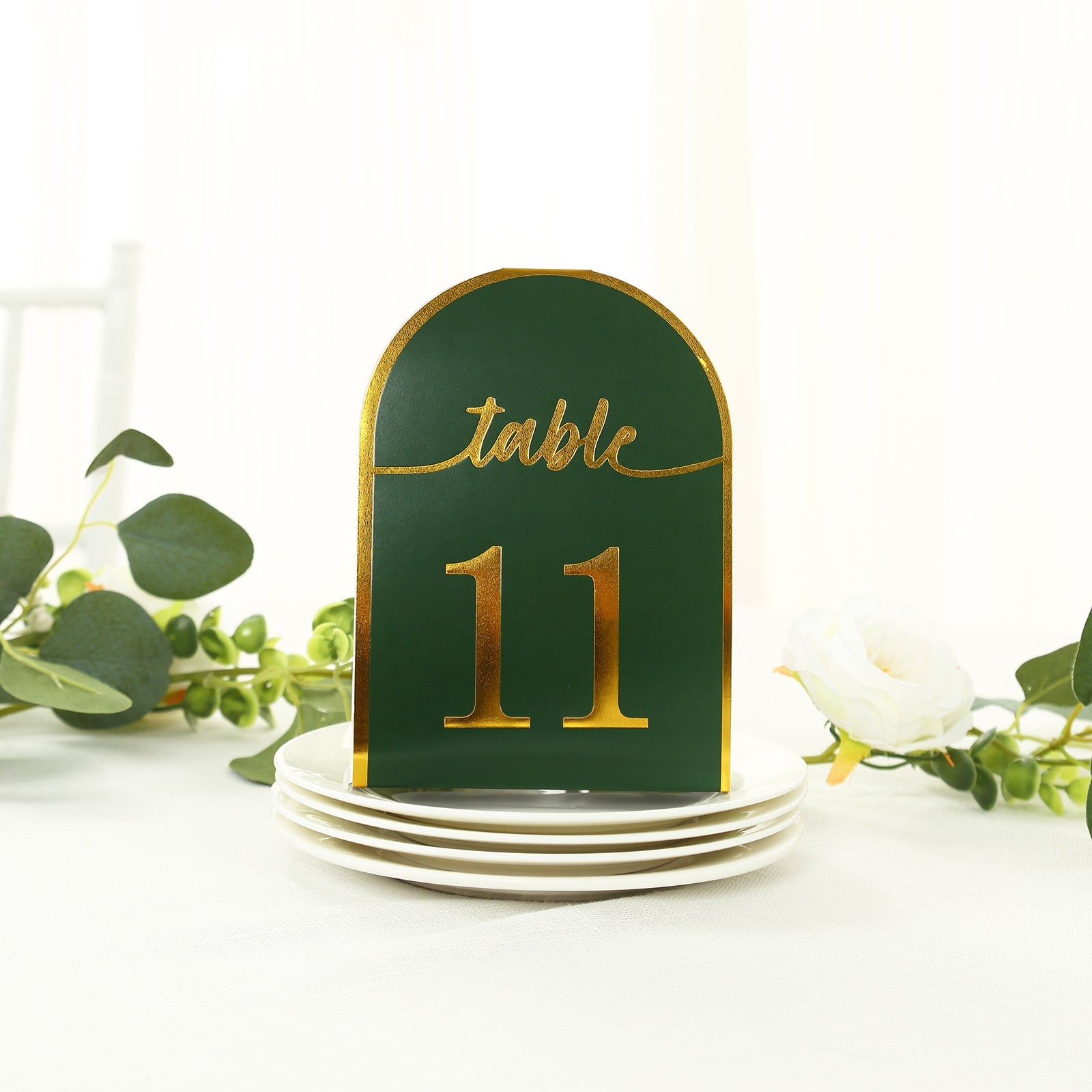 25-Pack Paper Wedding Table Numbers 1-25 Hunter Emerald Green Arch Cutout Design - Sleek & Modern Free Standing Double Sided Table Tent Cards with Metallic Gold Foil Numbers 7