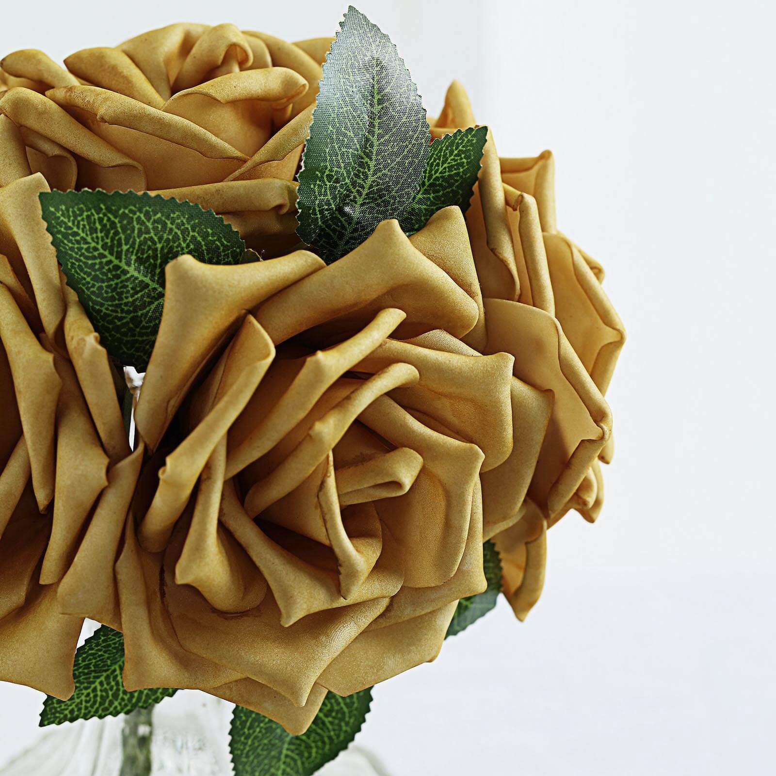 24 Roses 5 Gold Artificial Foam Flowers With Stem Wire and Leaves