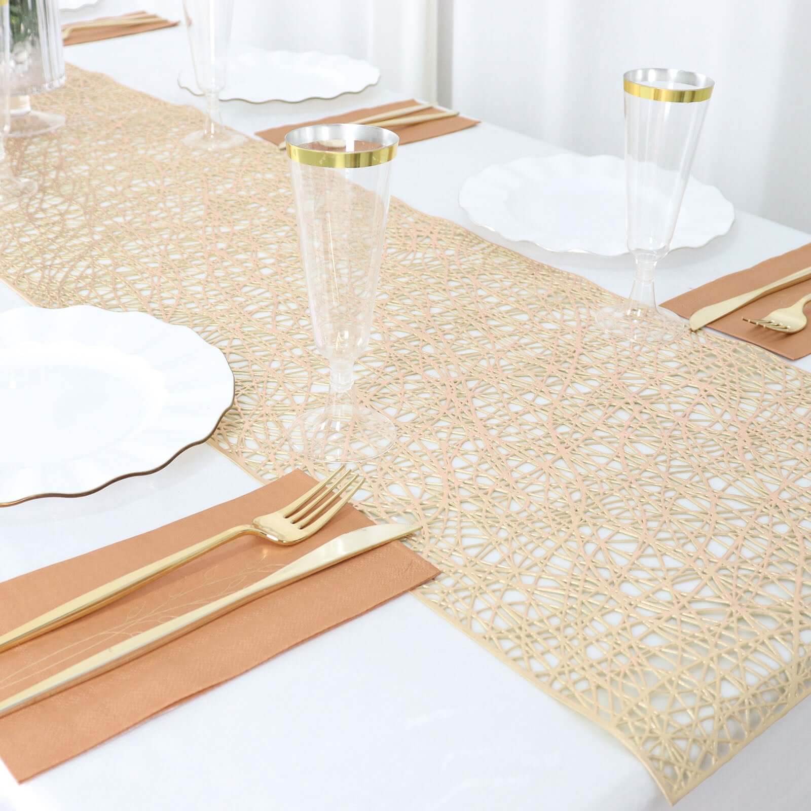 Plastic Woven Vinyl 13x6ft Table Runner Metallic Gold - Non-Slip & Reversible Tabletop Decor