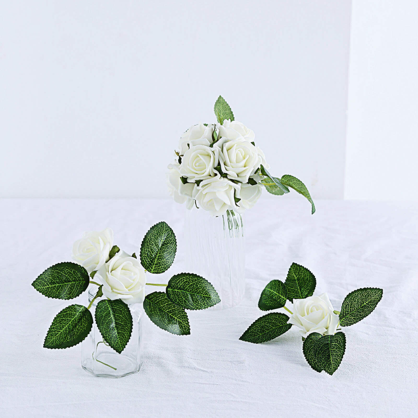 24 Roses 2 Ivory Artificial Foam Flowers With Stem Wire and Leaves