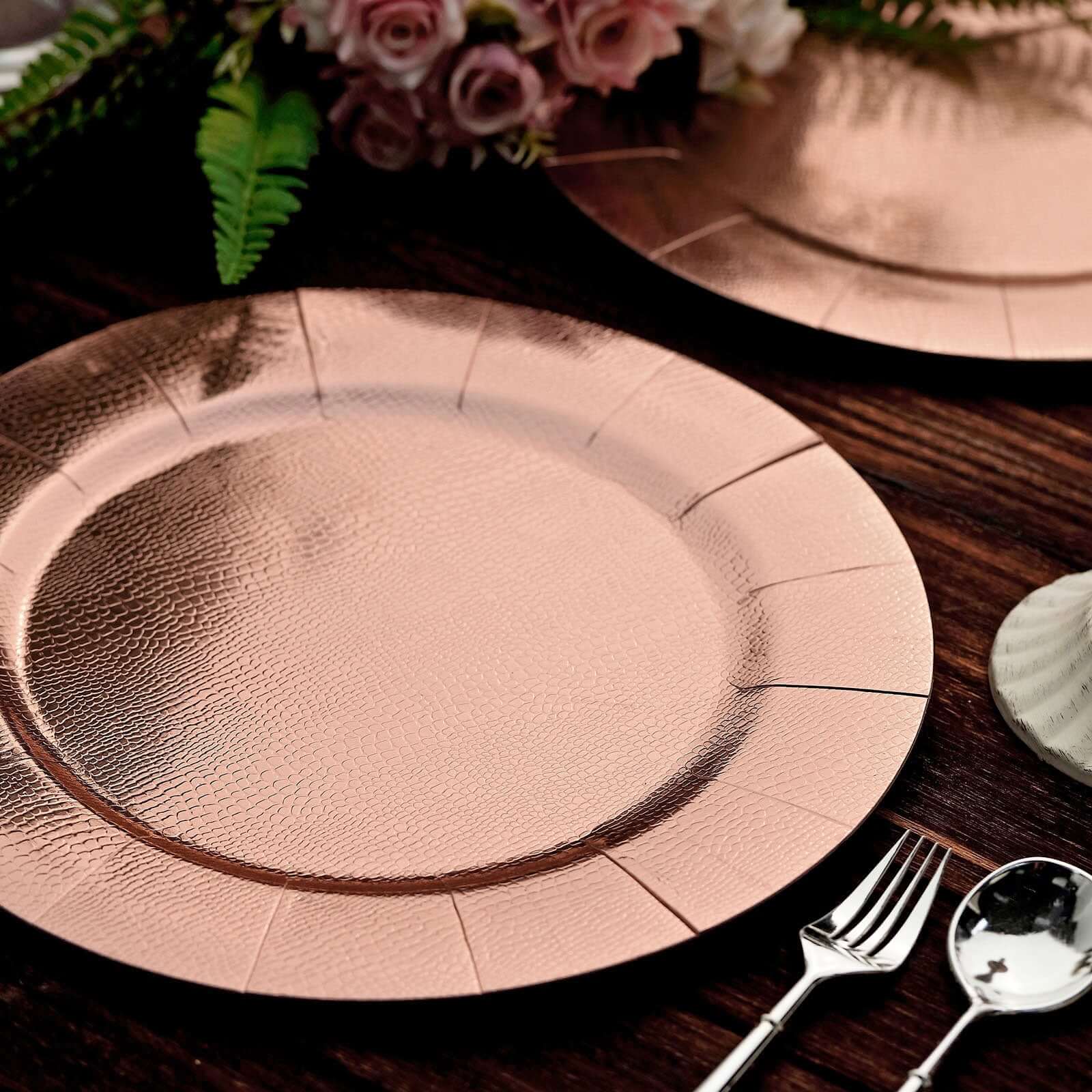 10-Pack Disposable Round Charger Plates in Rose Gold with Leathery Texture - Durable 1100GSM Cardboard Placemats 13