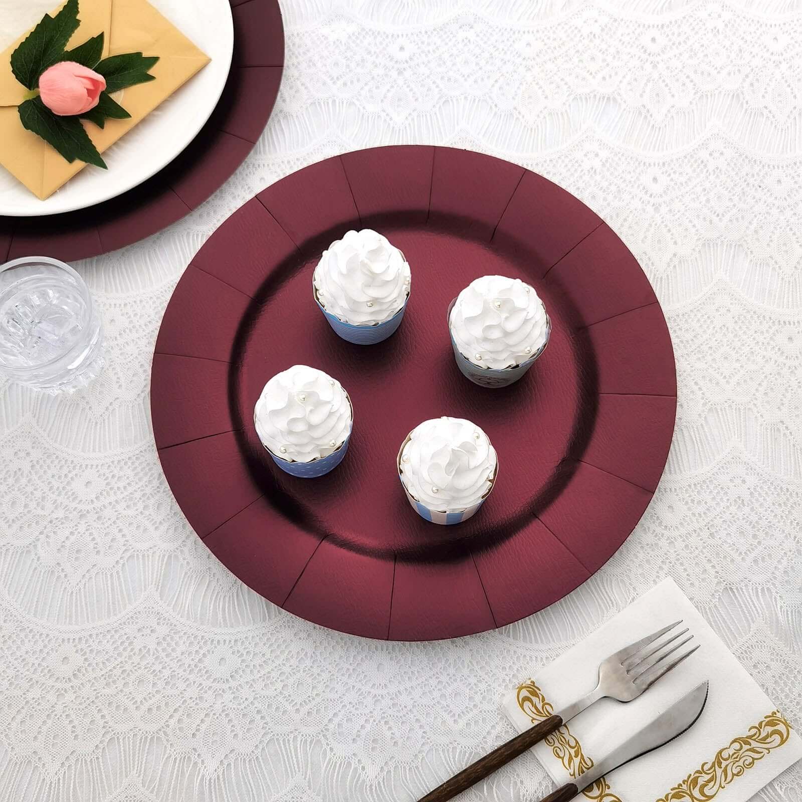 10-Pack Disposable Round Charger Plates in Burgundy with Leathery Texture - Durable 1100GSM Cardboard Placemats 13