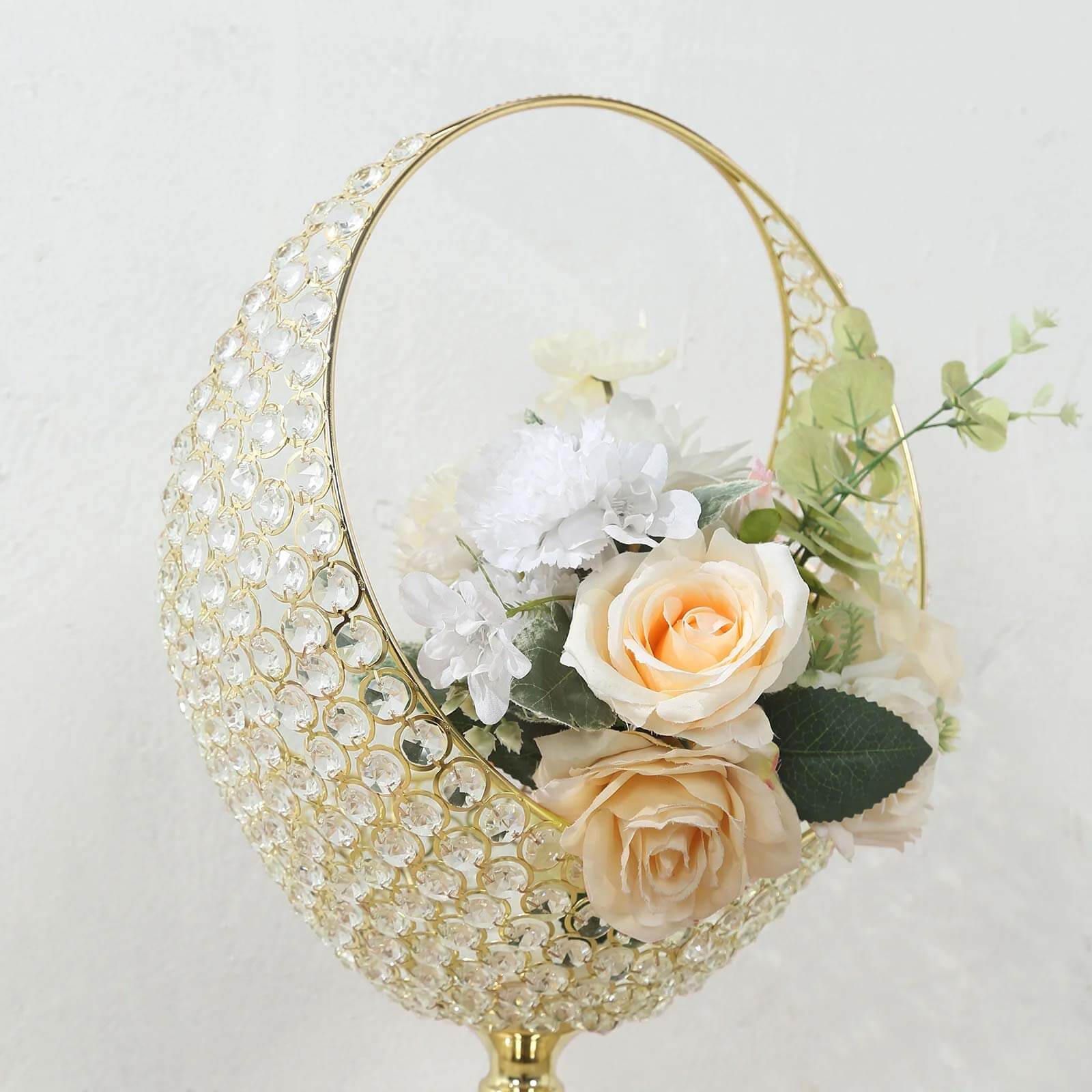 Metal Crystal Beaded Candle Holder Stand, Half Moon Basket Design Gold Wedding Flower Centerpiece with Round Stable Base 3ft Tall