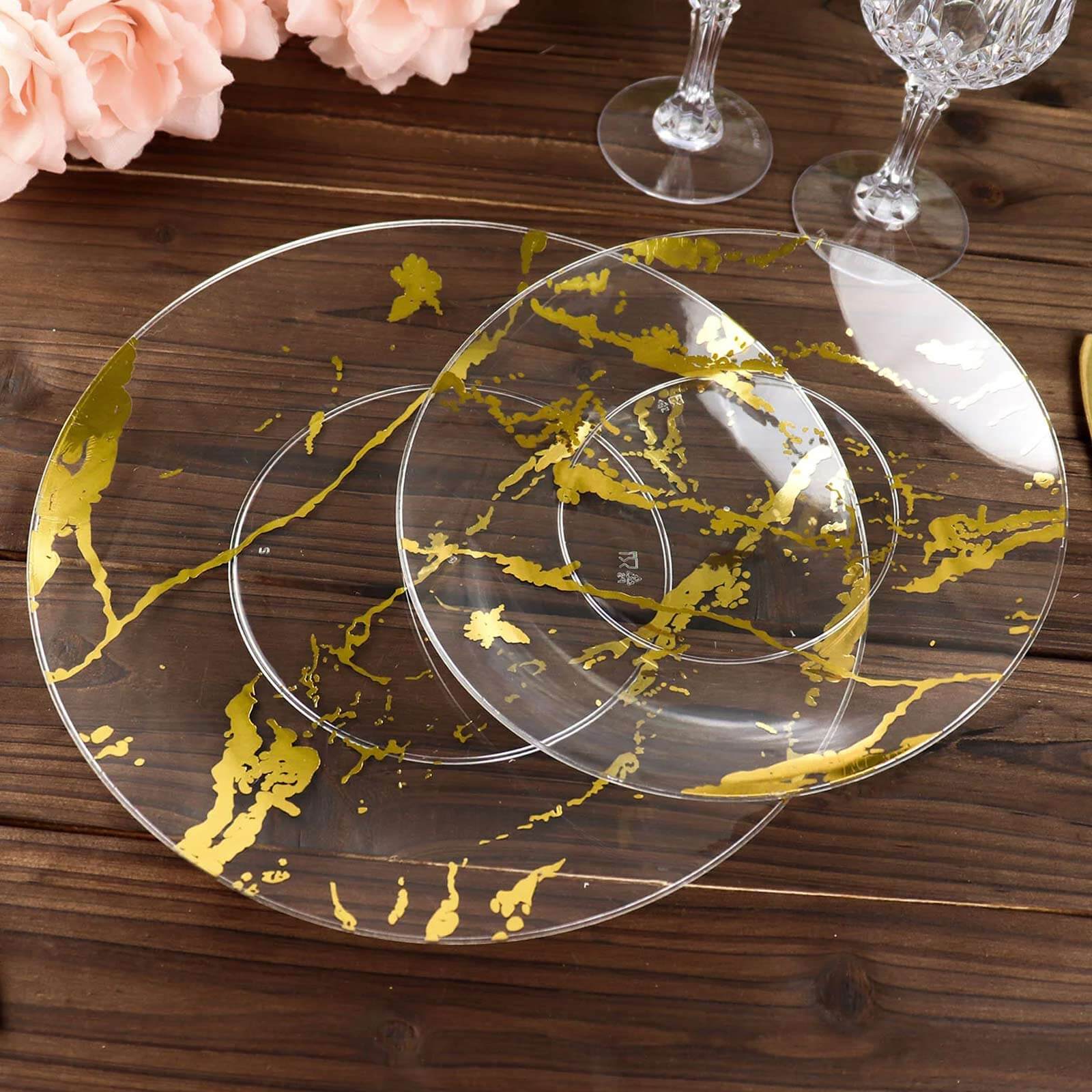 10-Pack Plastic 8 Round Dessert Plates in Clear with Gold Marble Print - Disposable Appetizer/Salad Plates for Chic Banquets & Special Occasions