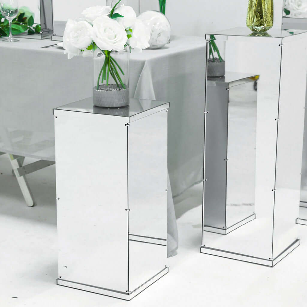 Set of 5 Silver Mirror Finish Acrylic Display Boxes, Pedestal Risers with Interchangeable Lid and Base - 12,16,24,32,40