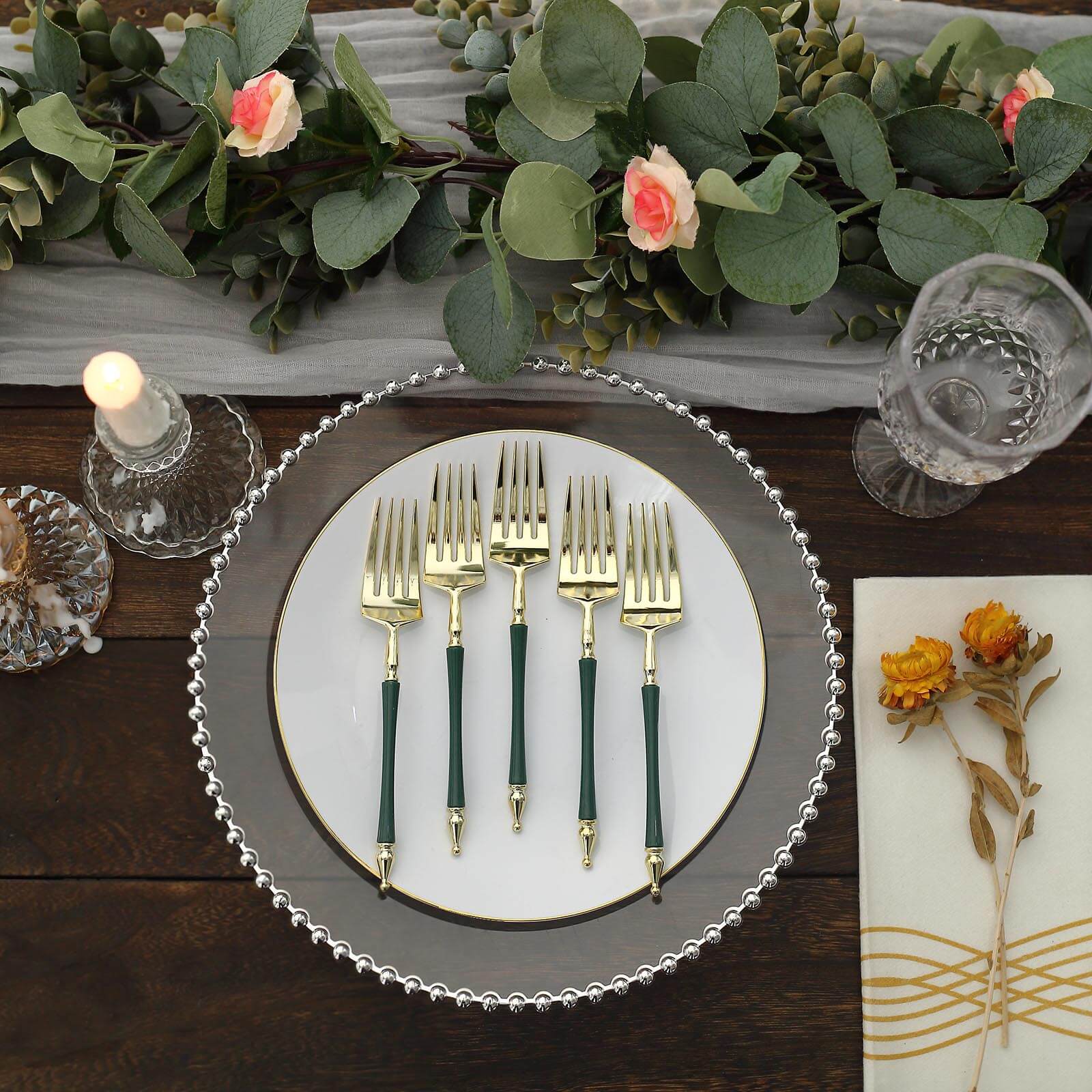 24 Pack 6 Gold Hunter Emerald Green Plastic Dessert Forks With Roman Column Handle, European Style Disposable Utensils