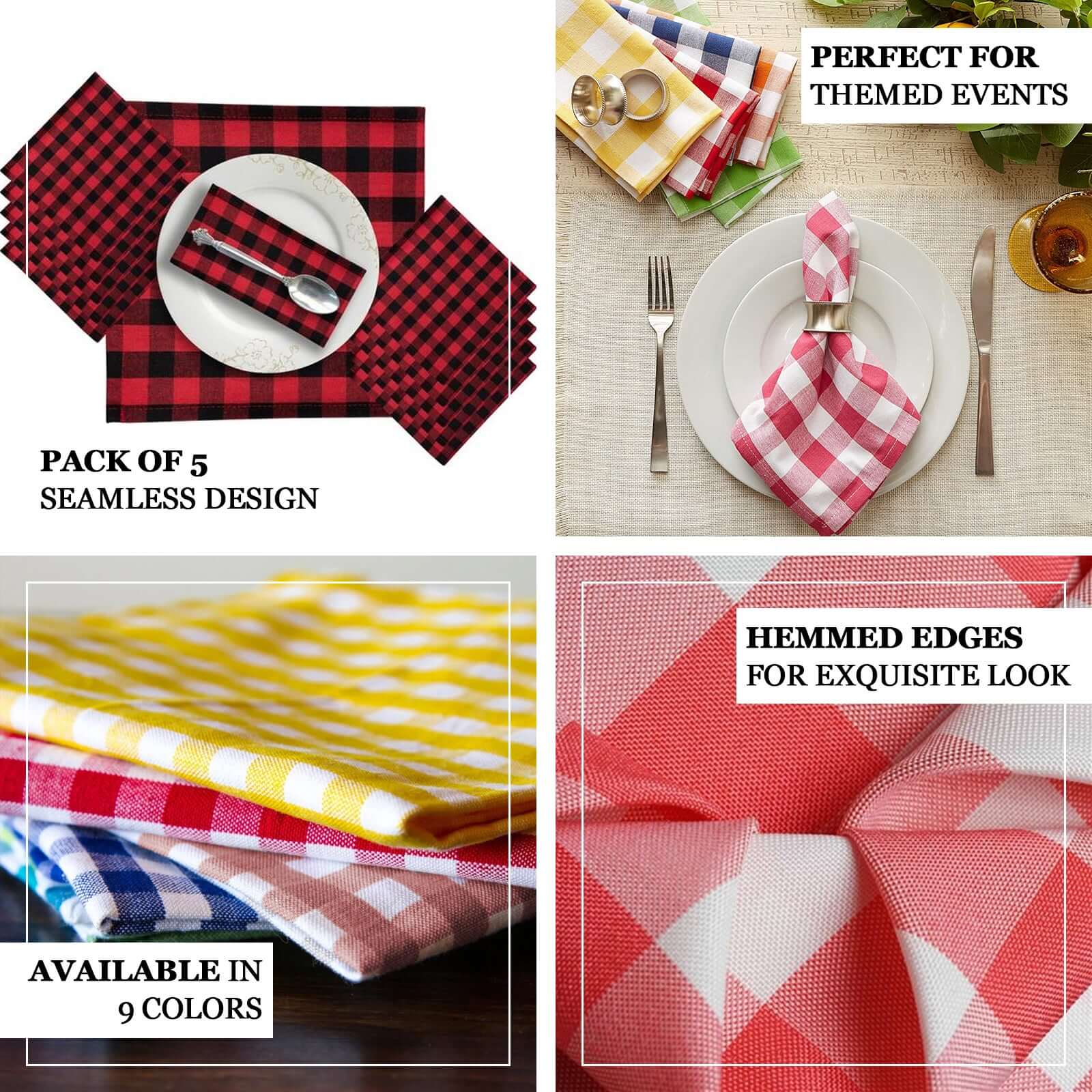 5 Pack Polyester 15x15 Napkins Burgundy/White Buffalo Plaid Gingham Style Cloth Napkins