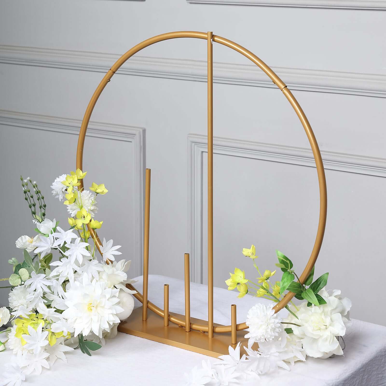 Round Floral Hoop Wedding Centerpiece Metal with Pillars Gold - Self-Standing Balloon Arch for Events 24