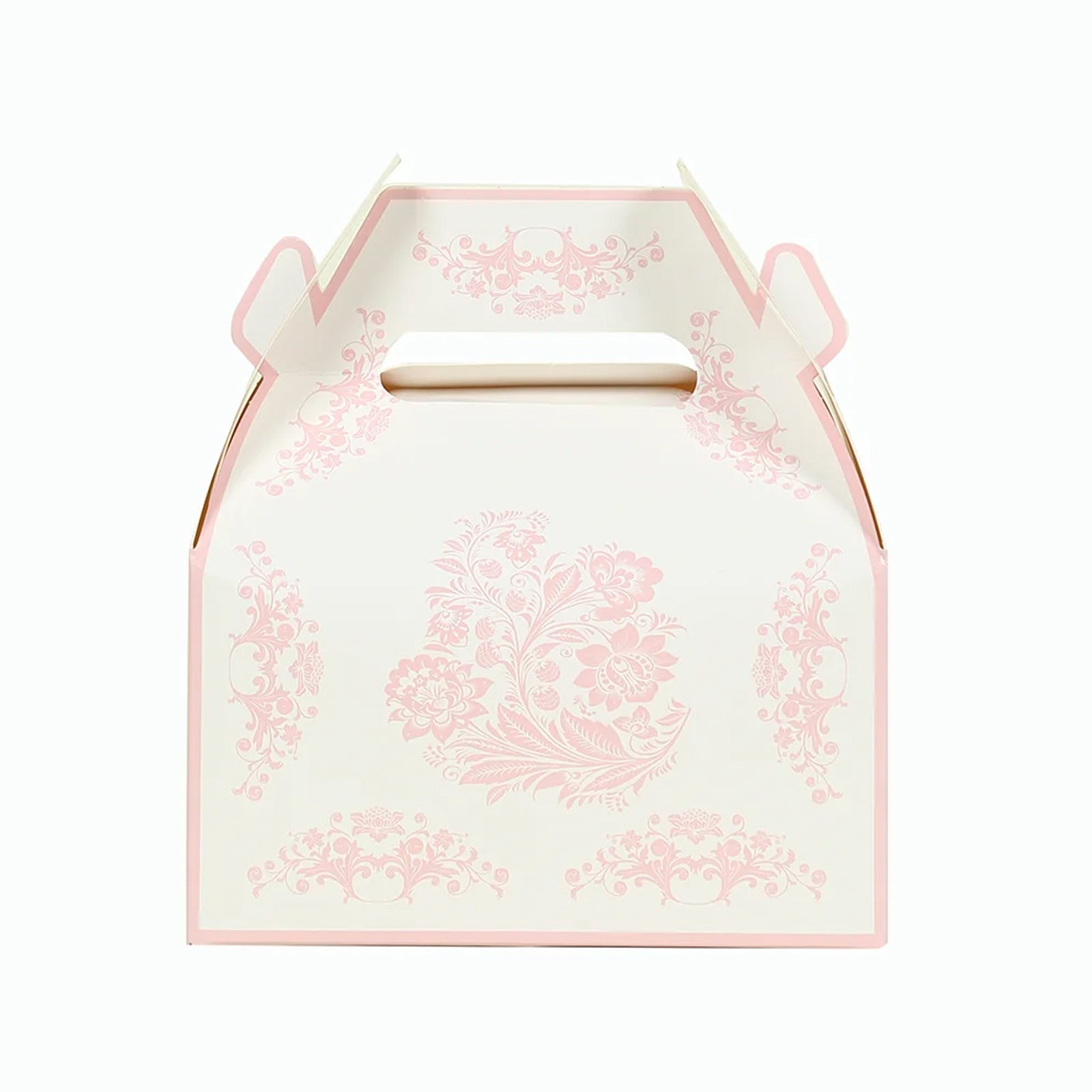 25 Pack White Pink Candy Gift Tote Gable Boxes in Damask Floral Pattern, Party Favor Treat Boxes - 6x3.5x7