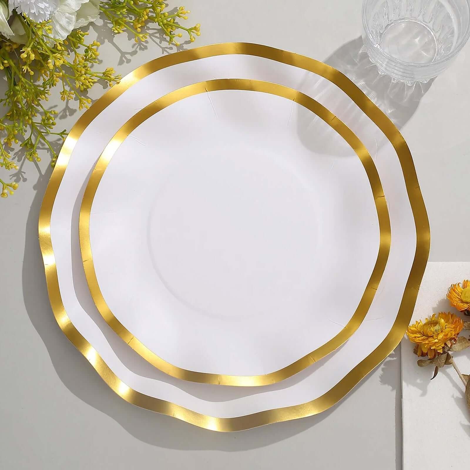 25-Pack Paper Round Dessert Plates 8 Matte White with Gold Wavy Rim - Disposable 350GSM Salad Plates for Banquets & Upscale Gatherings