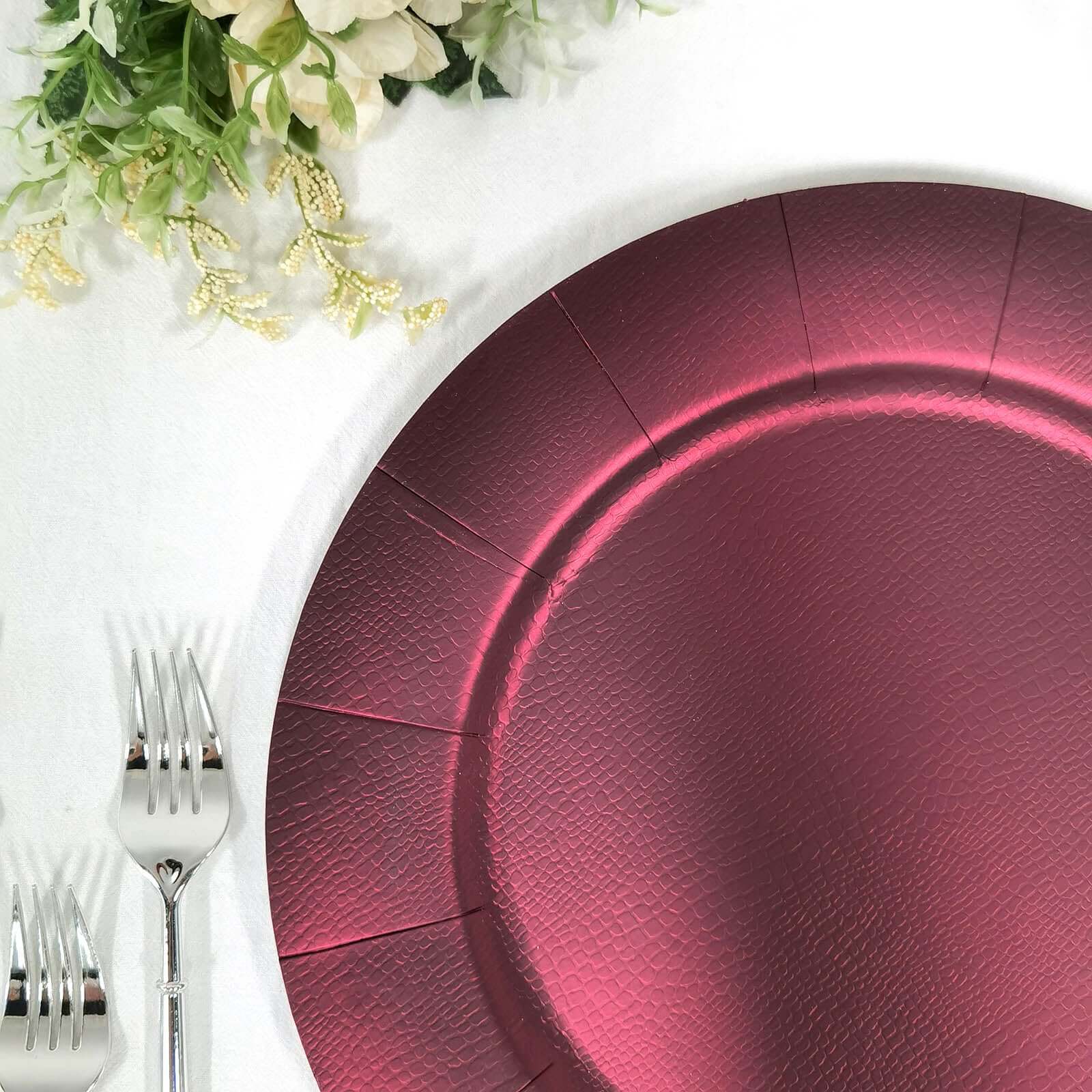 10-Pack Disposable Round Charger Plates in Burgundy with Leathery Texture - Durable 1100GSM Cardboard Placemats 13