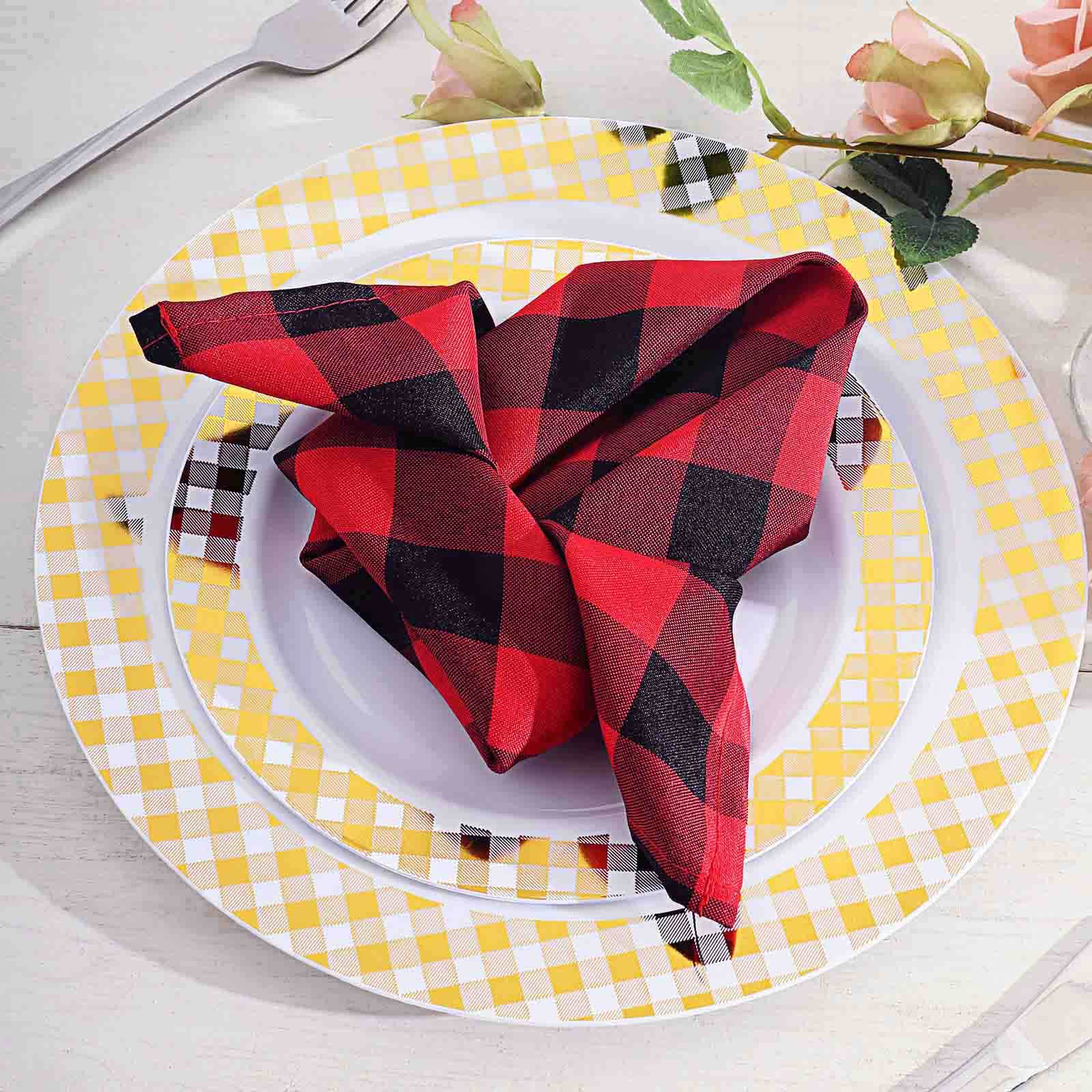 5 Pack Polyester 15x15 Napkins Black/Red Buffalo Plaid Gingham Style Cloth Napkins