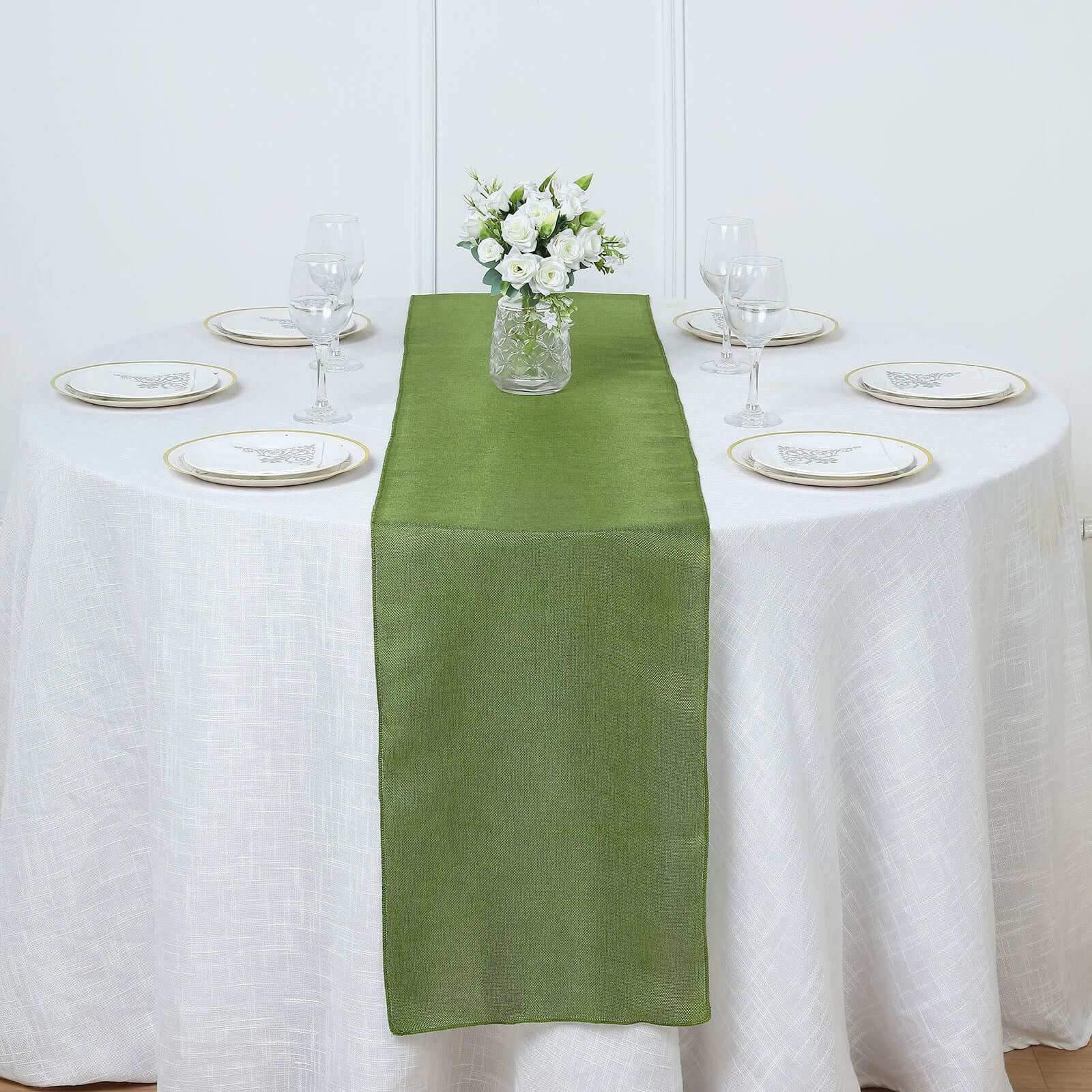 Faux Linen 14x108 Table Runner Moss Green - Rustic Style Table Decor