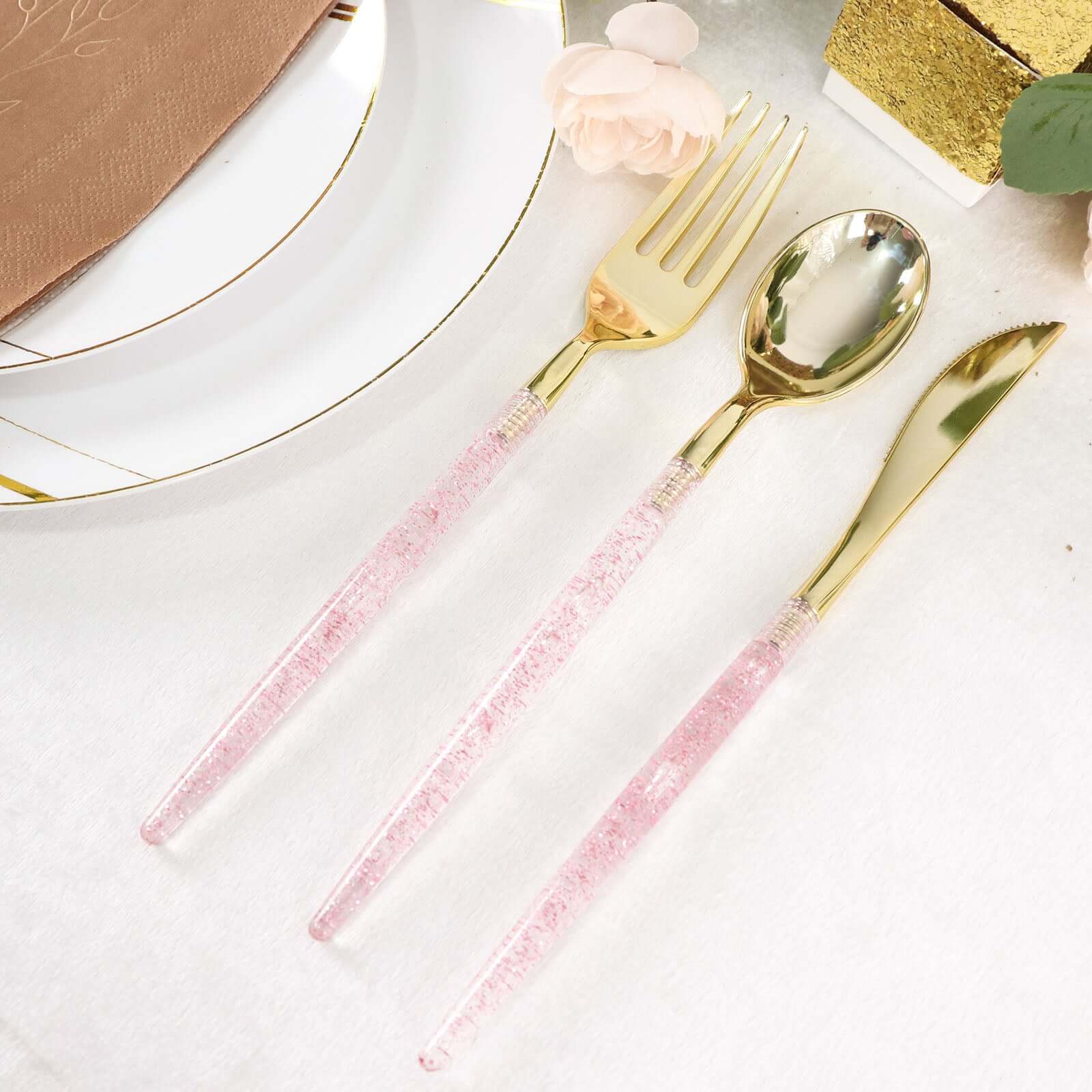 24-Pack Plastic Cutlery Set Metallic Gold with Rose Gold Glitter - Stylish Disposable Silverware-Pack 8